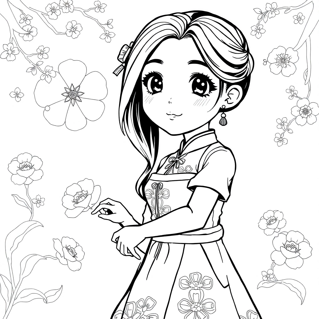 Traditional Chinese style girls صفحات التلوين