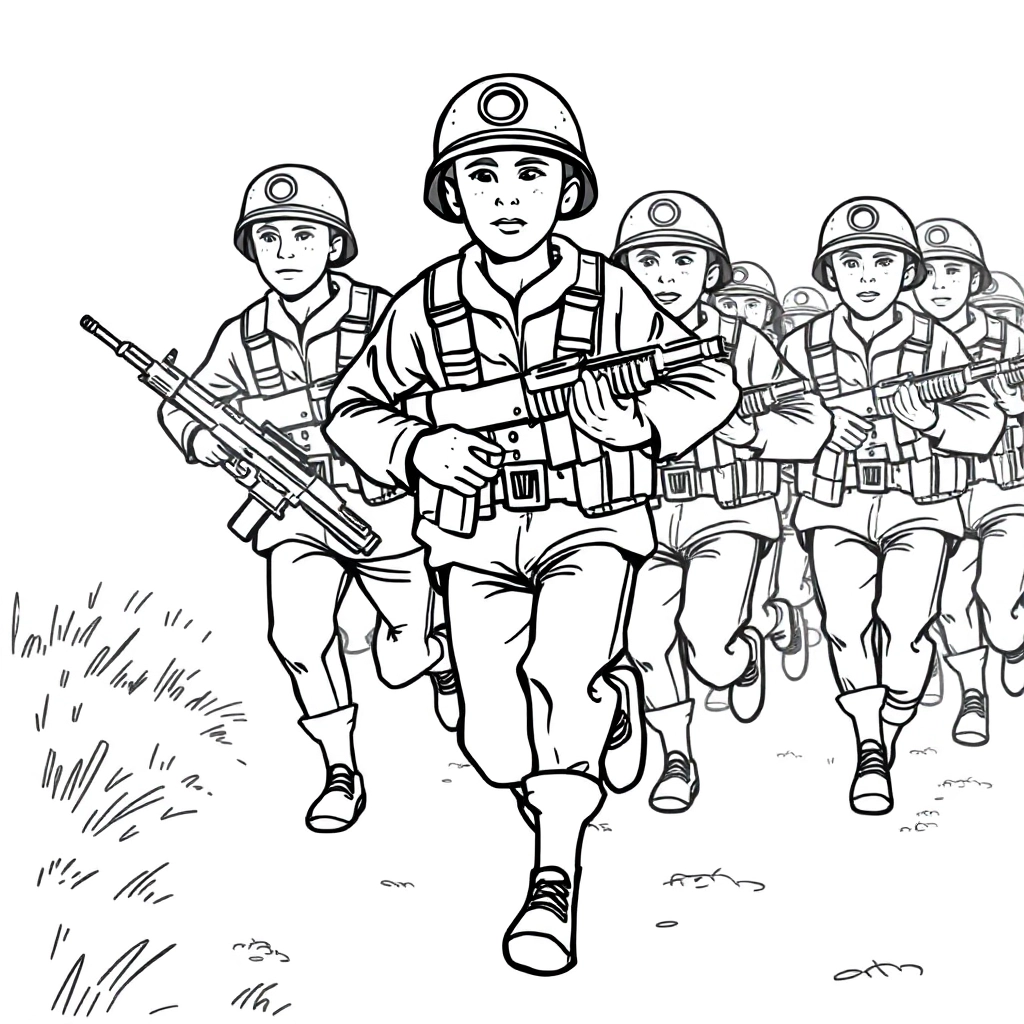 俯拍晨光中士兵跑出整齐队形 صفحات التلوين
