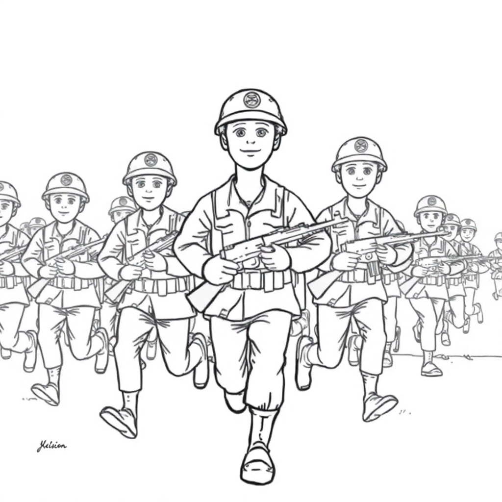俯拍晨光中士兵跑出整齐队形	俯视全景 صفحات التلوين