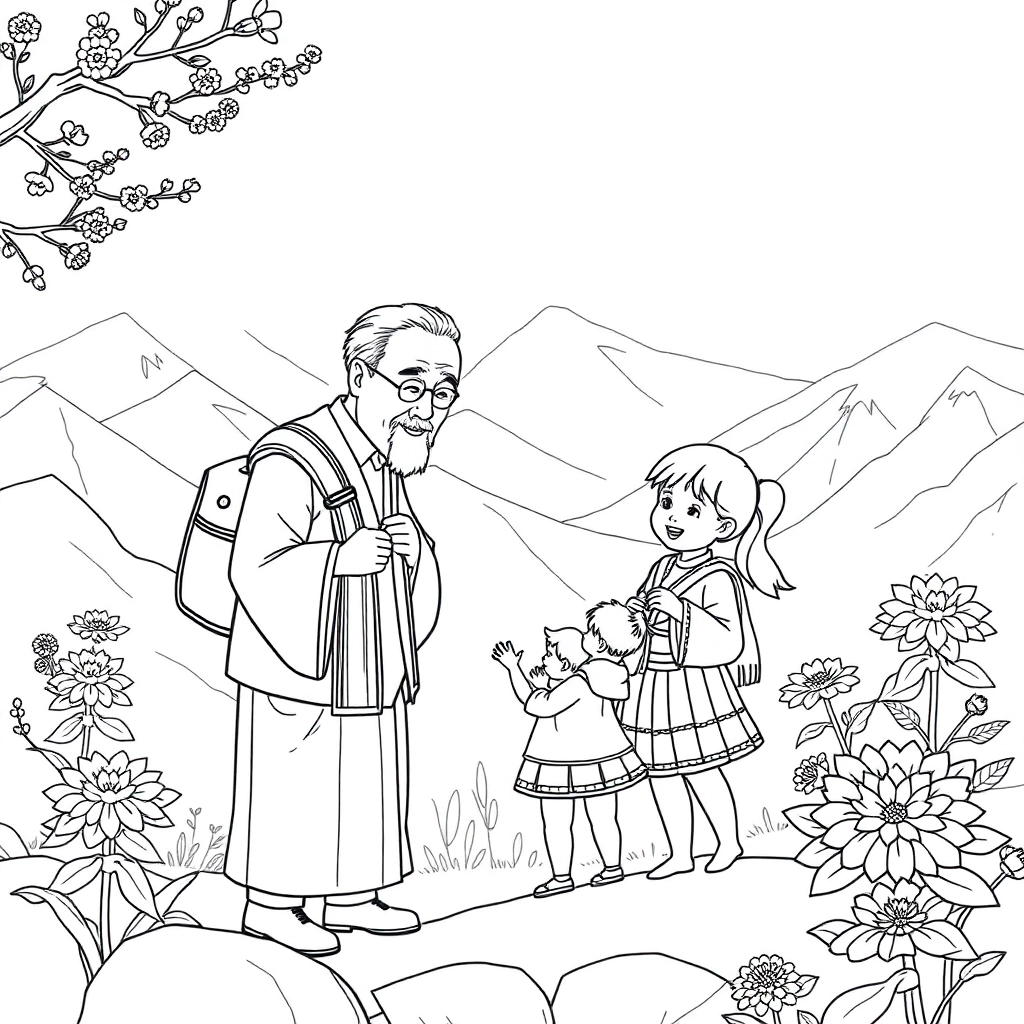 重阳节爷爷奶奶的笑容  画孩子陪老人登高插茱萸或给老人捶背送菊花突出温暖互动 صفحات التلوين