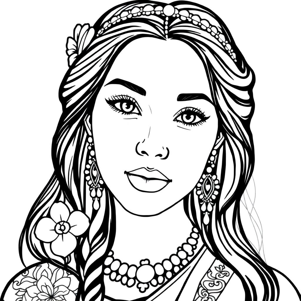 Eastern beauty, full body portrait, line art.