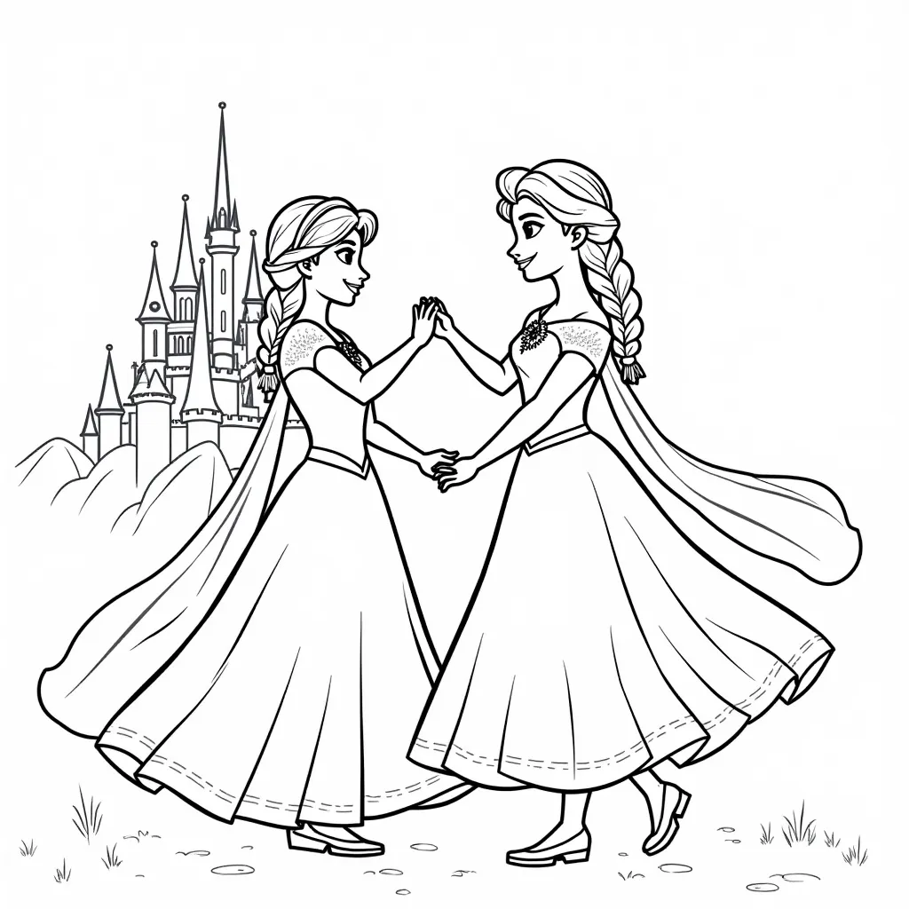 Anna and Elsa dancing before the castle coloring pages