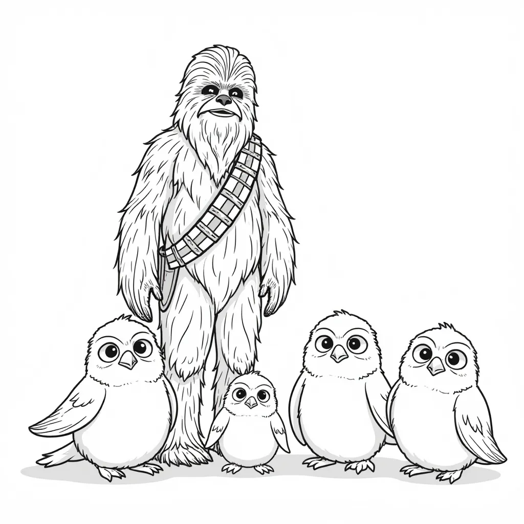  Chewbacca and several curious Porgs صفحات التلوين