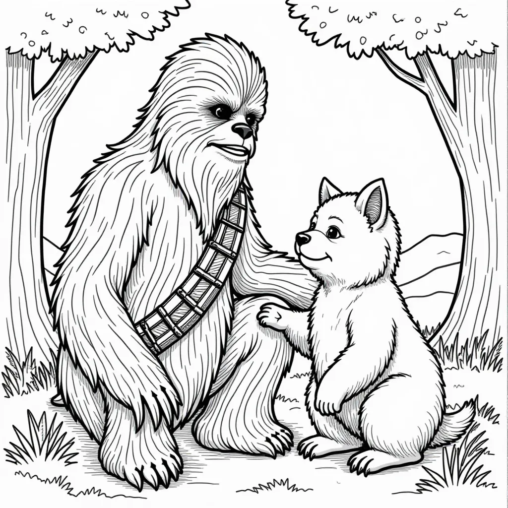  Chewbacca befriending an Ewok on Endor صفحات التلوين