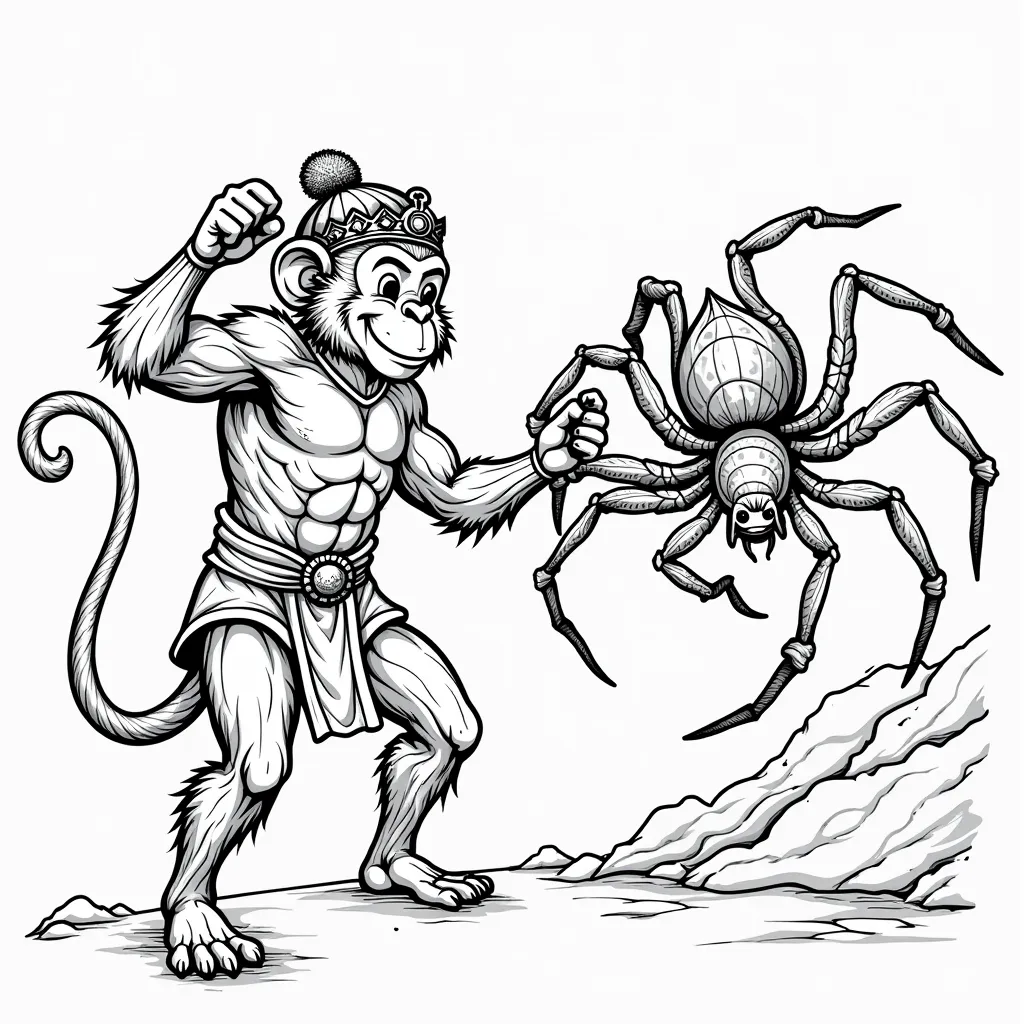 Monkey King fighting a spider goddess coloring pages