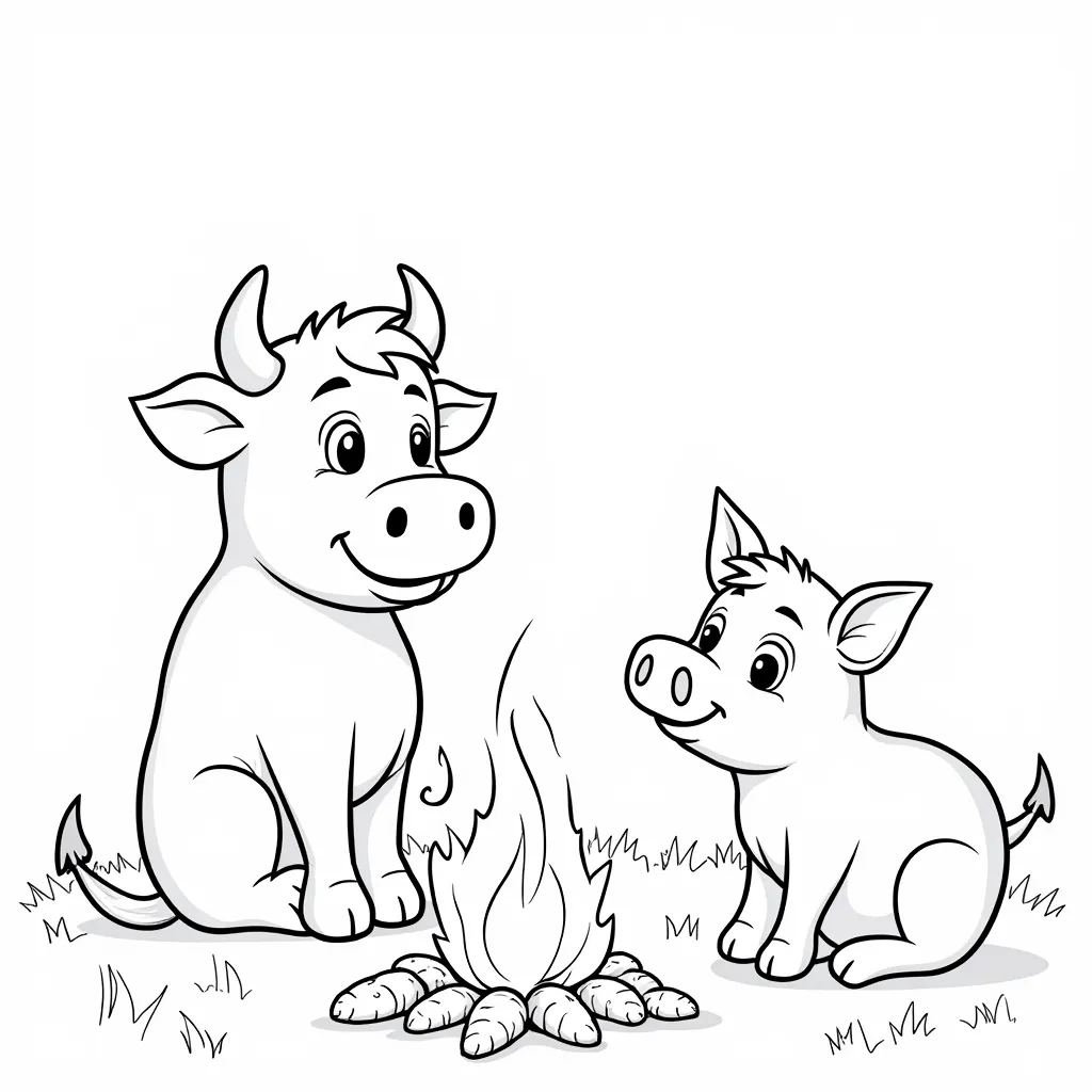 a little cow and a piggy are sit by the fire coloring pages