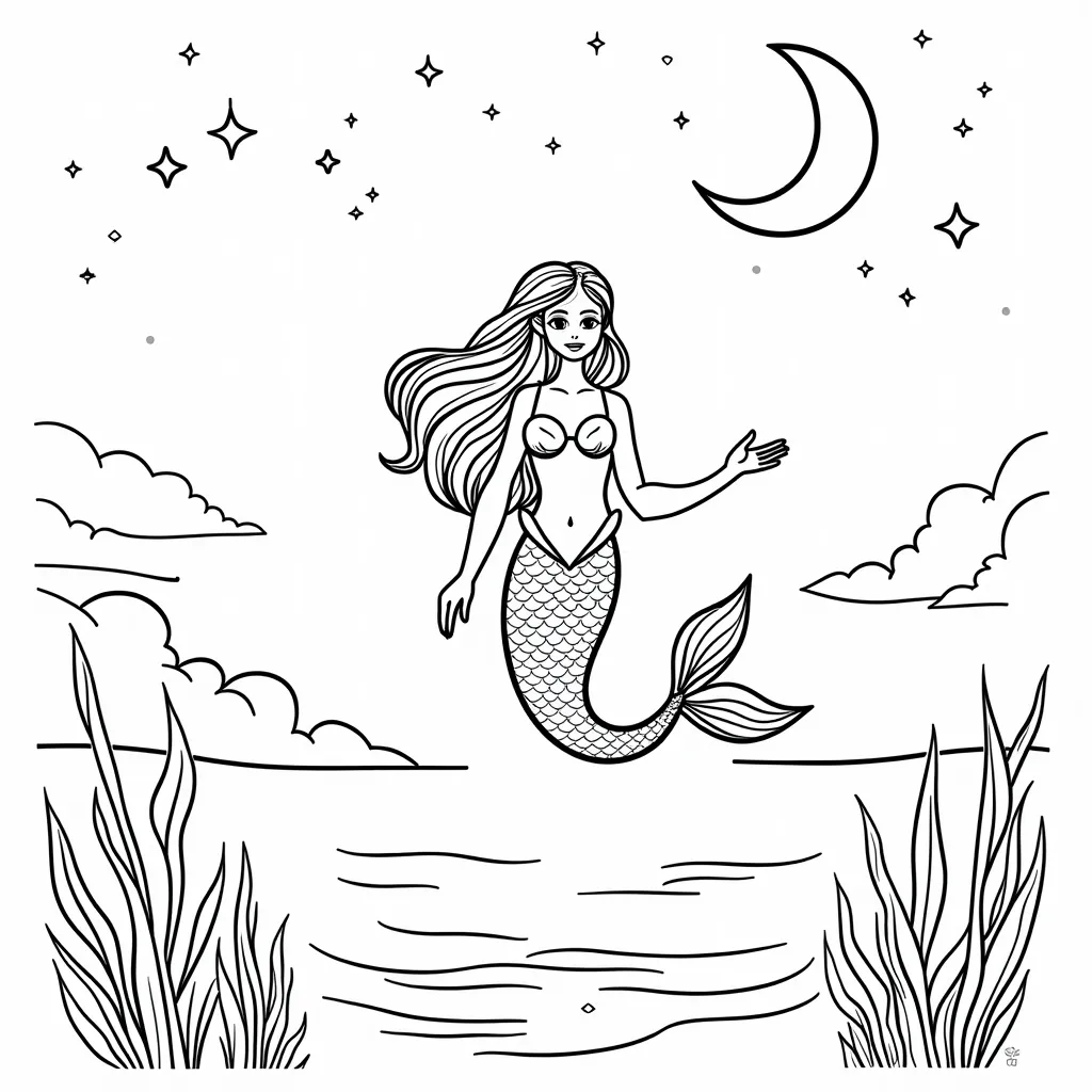 mermaid under the moon coloring pages