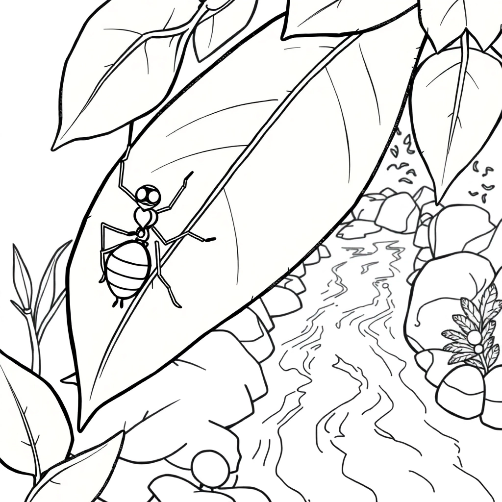 ant sitting on a leaf which is floating on river water  صفحات التلوين