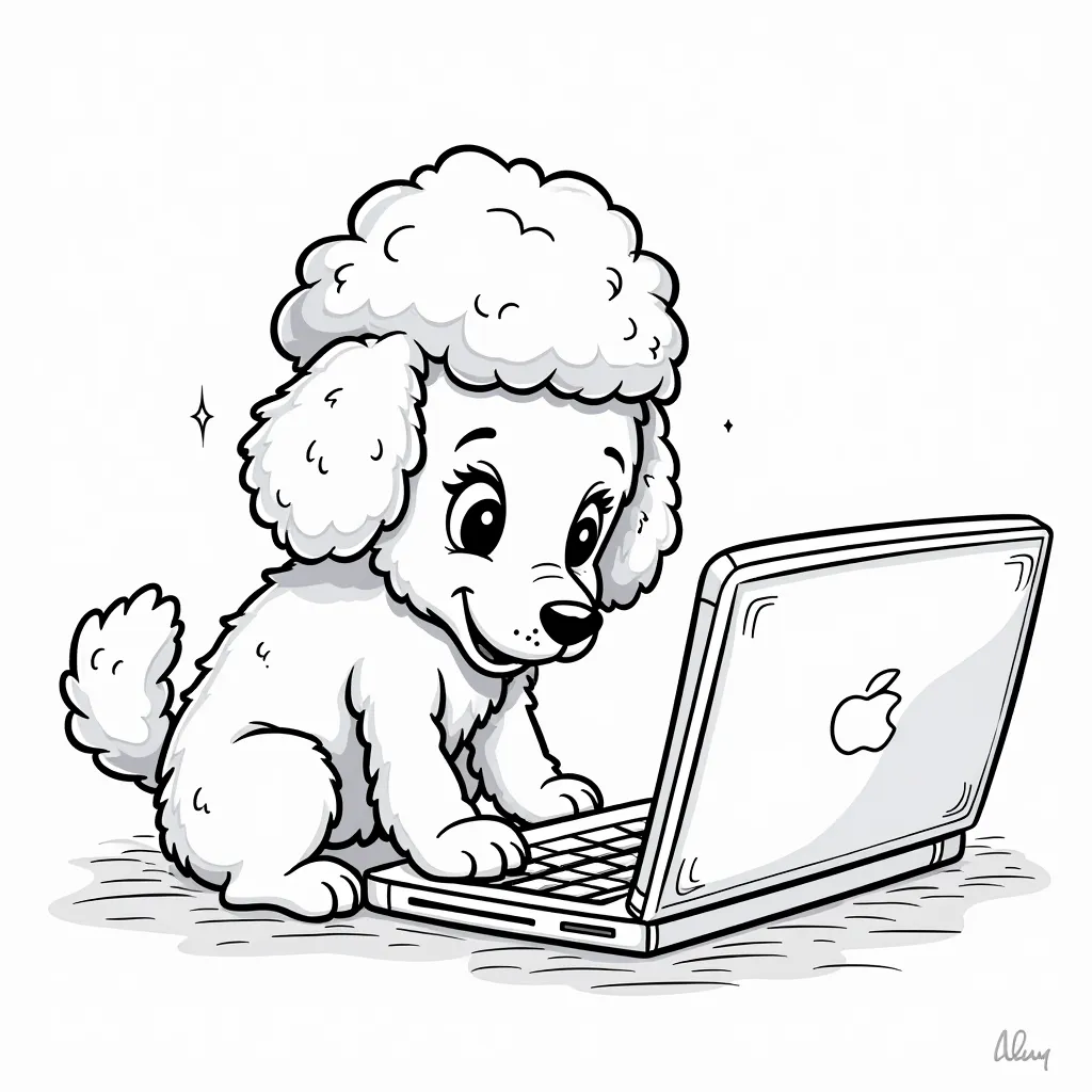 The gray poodle is looking at the computer coloring pages