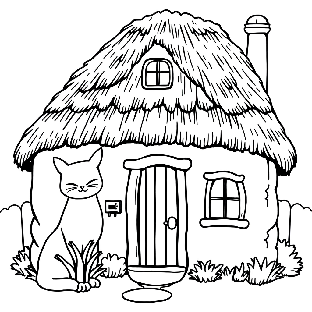 一只灰色的猫在茅草屋的屋顶上茅草屋的门前有另一只小白猫 صفحات التلوين