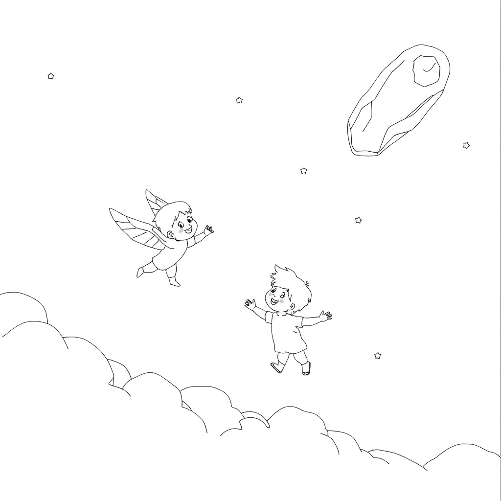 A child is flying in the sky In the distance a huge meteorite is flying towards him  صفحات التلوين