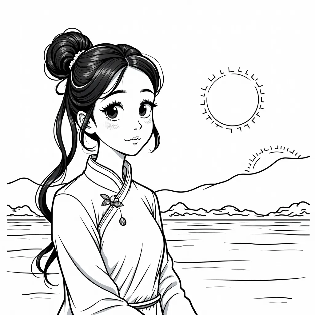 chinese girl look sunset coloring pages