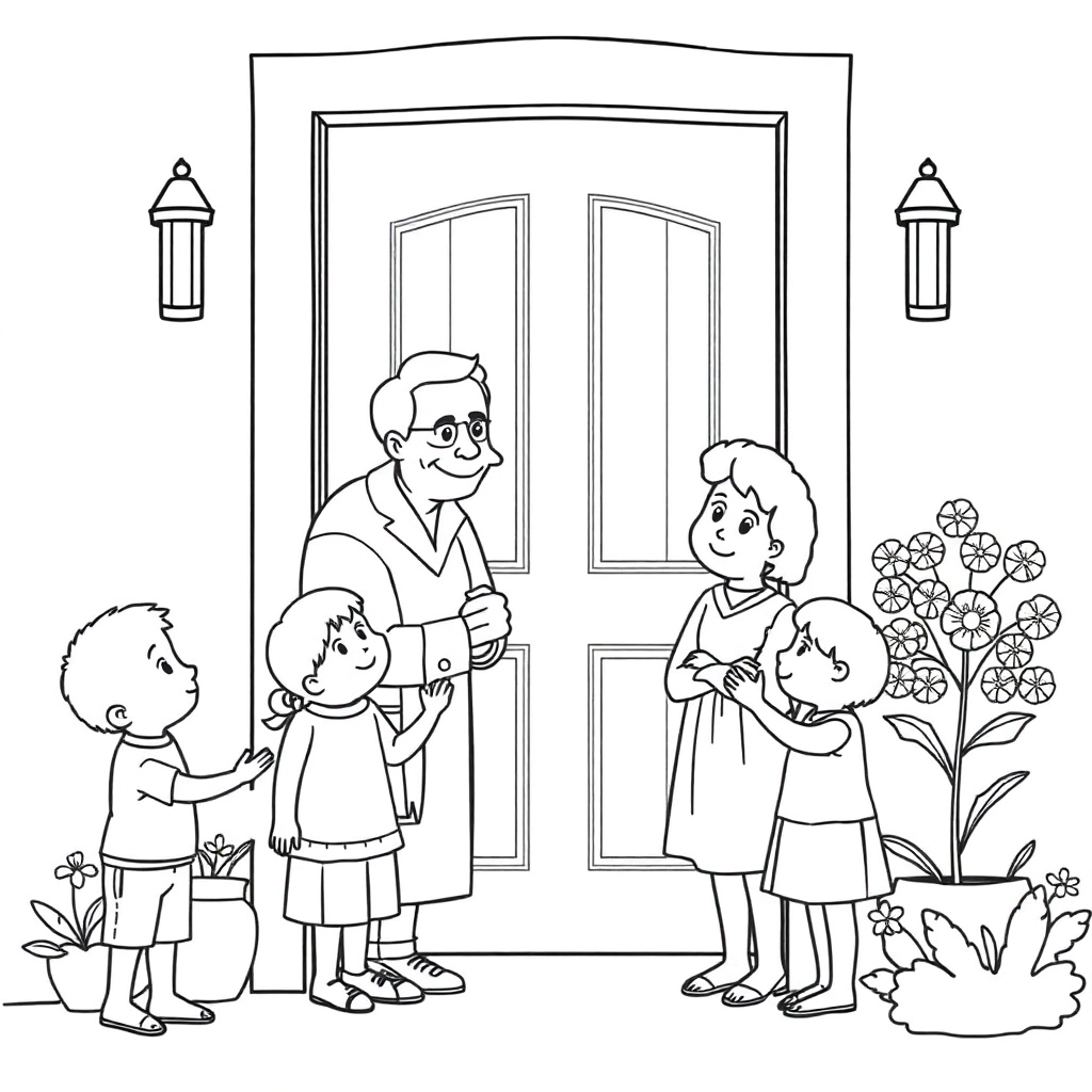 children going hometown visiting grandparents and met grandparent in front door صفحات التلوين