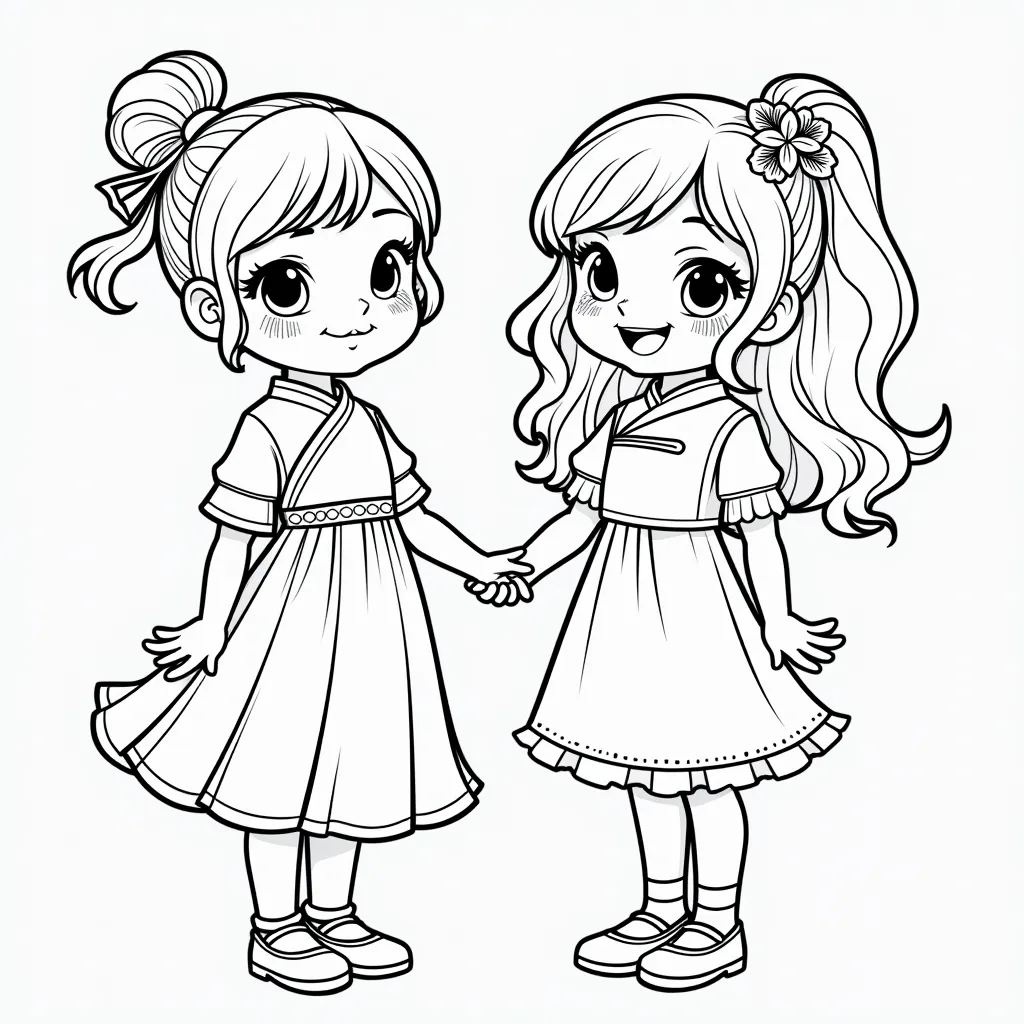 Chinese girls with red dress coloring pages