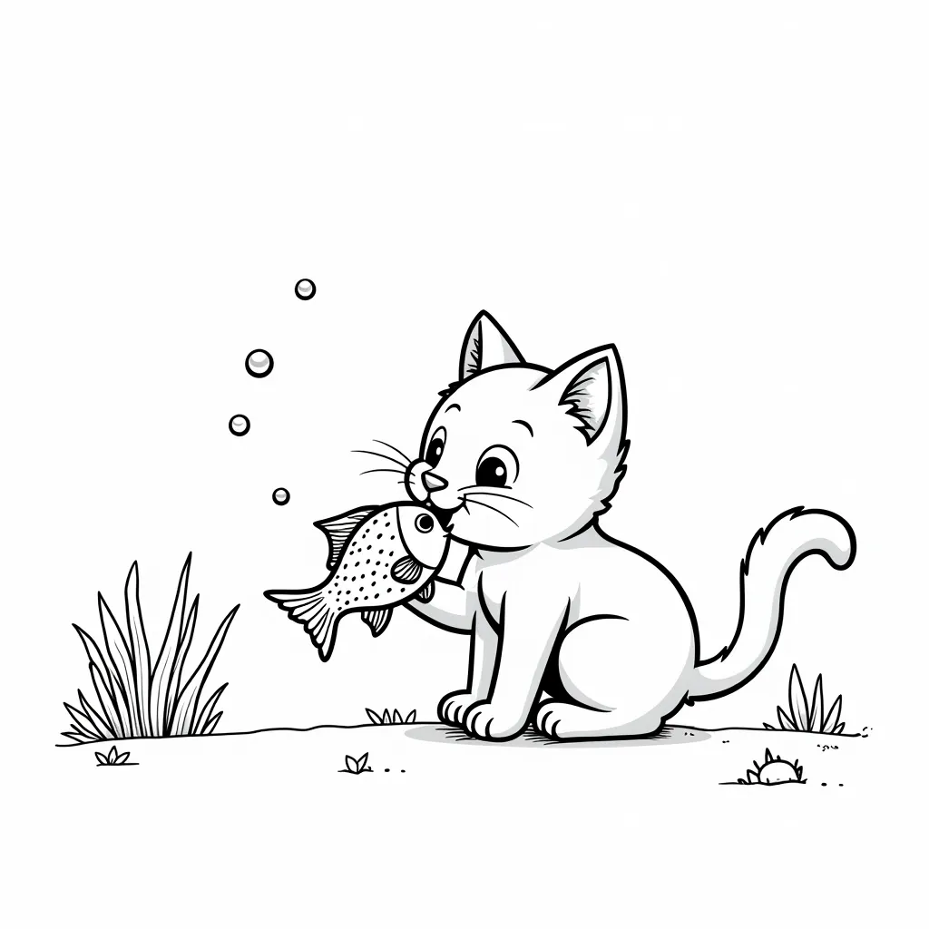 little cat eating fish coloring pages