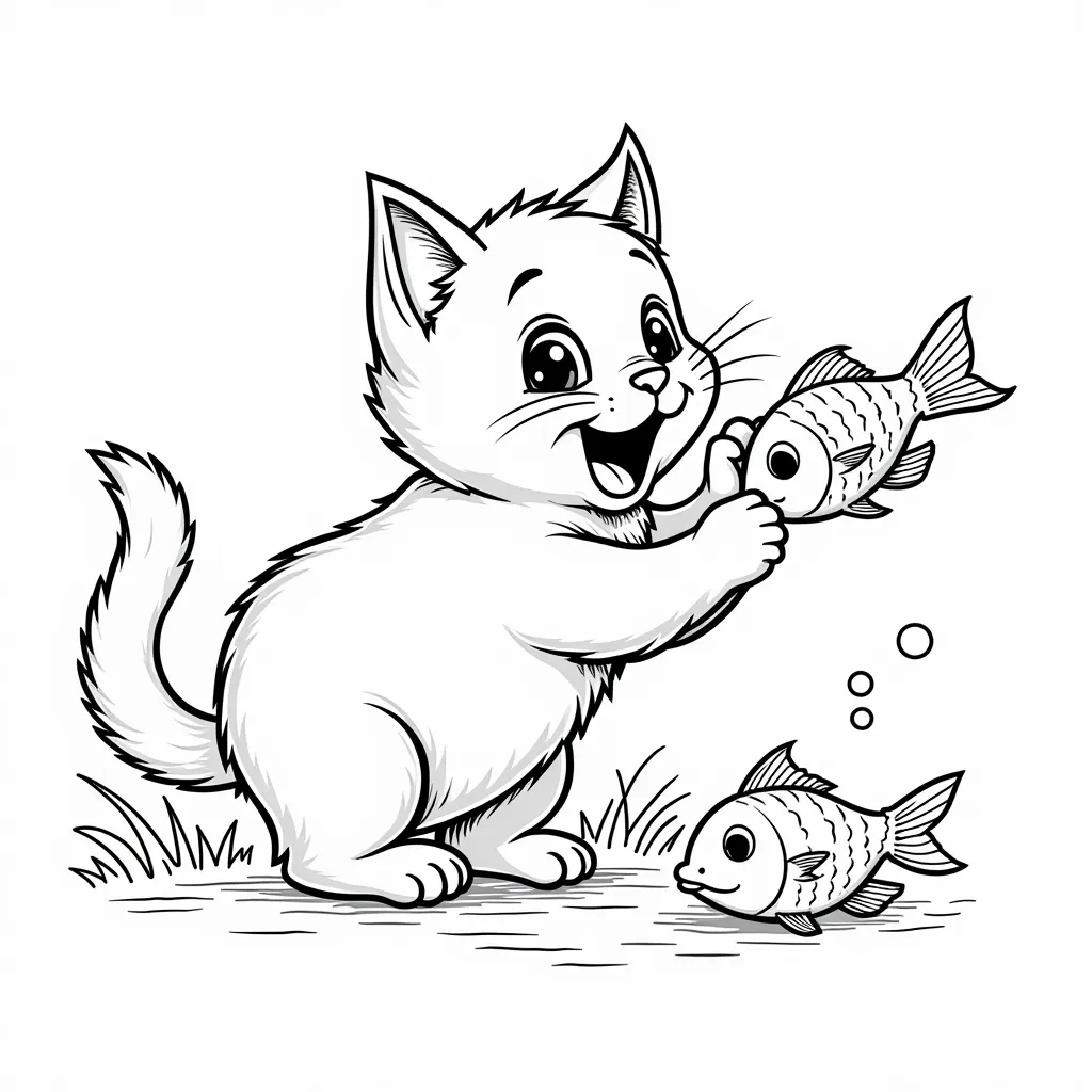 little cat eating fish when flying coloring pages