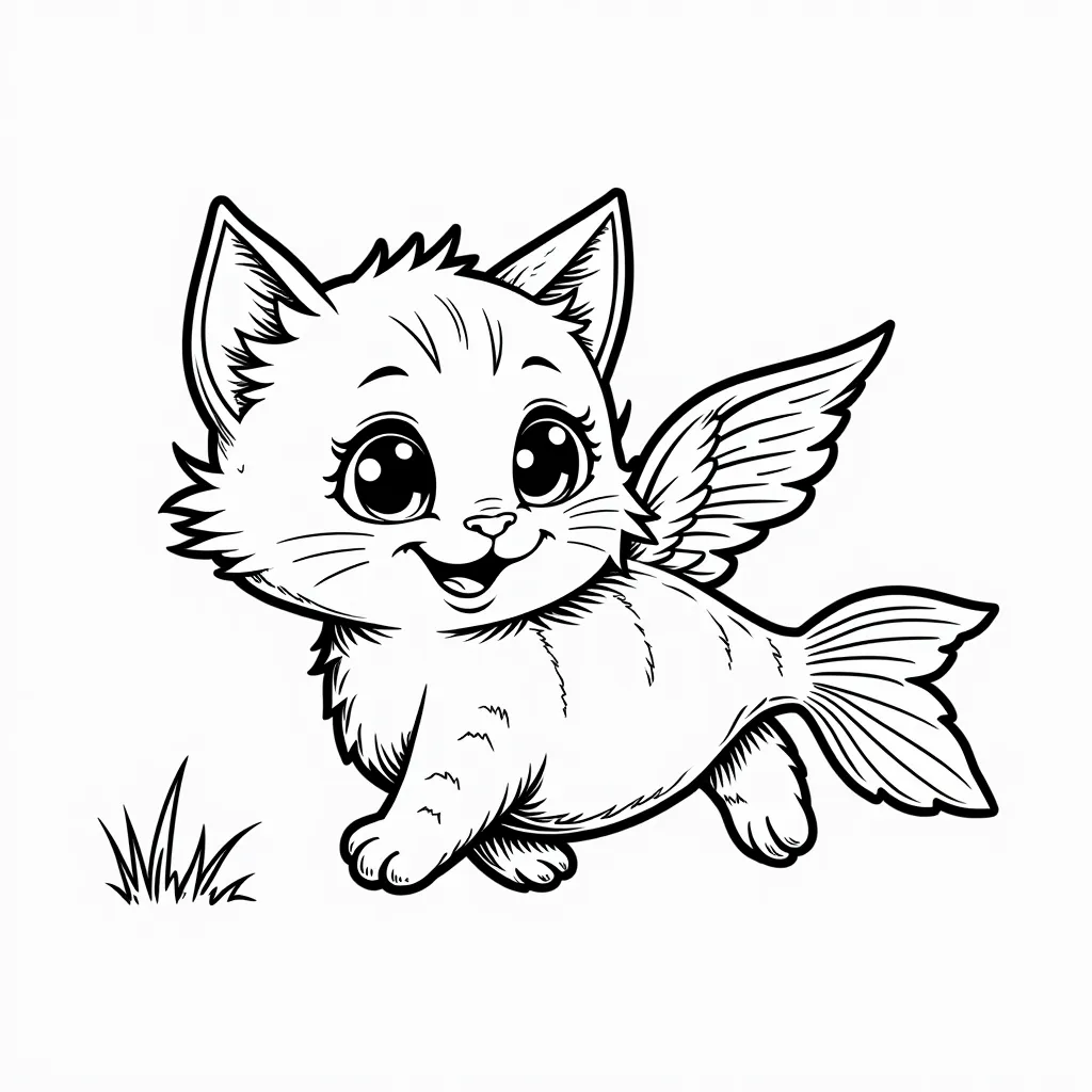 a flying little cat eating fish coloring pages