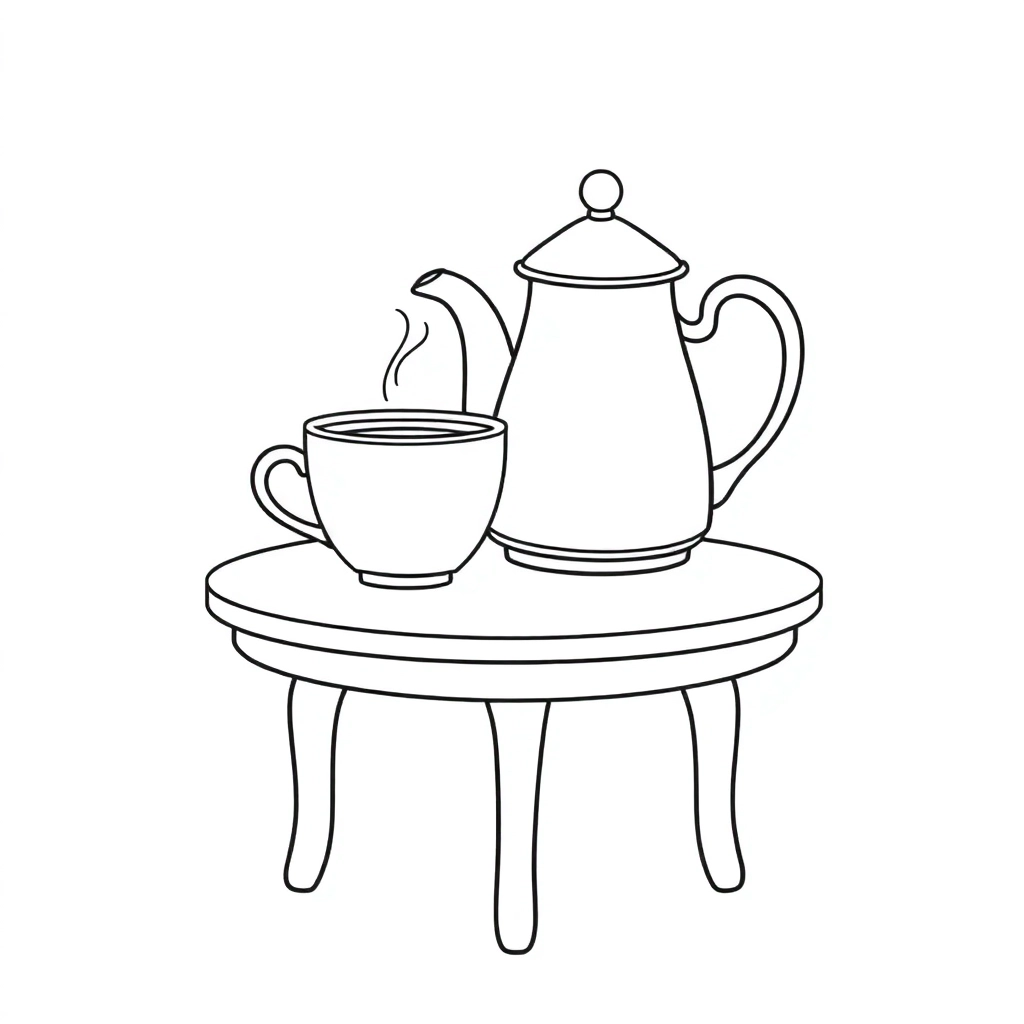 stiring coffee on the table with teapot صفحات التلوين