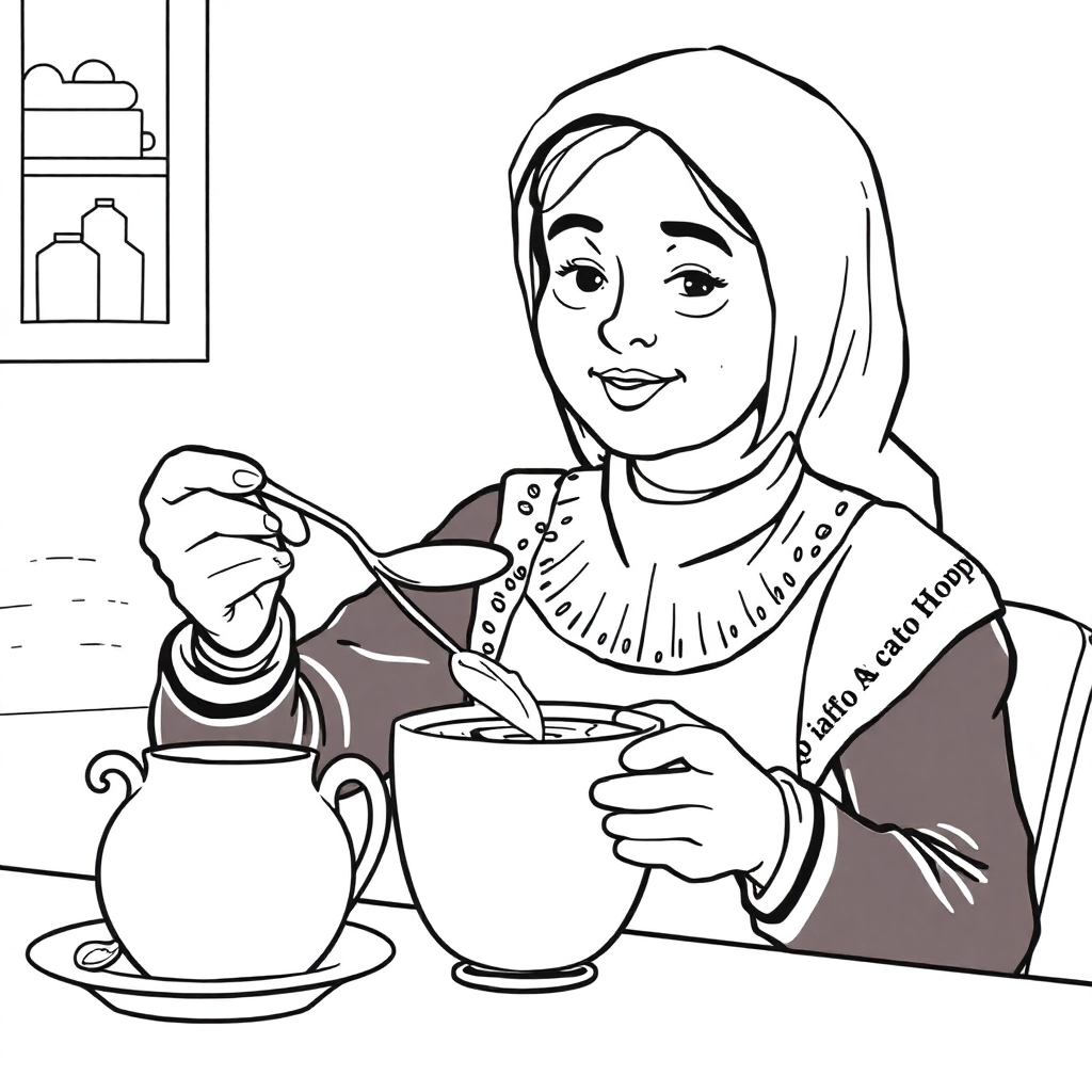 My aunt stirs the coffee with a spoon صفحات التلوين