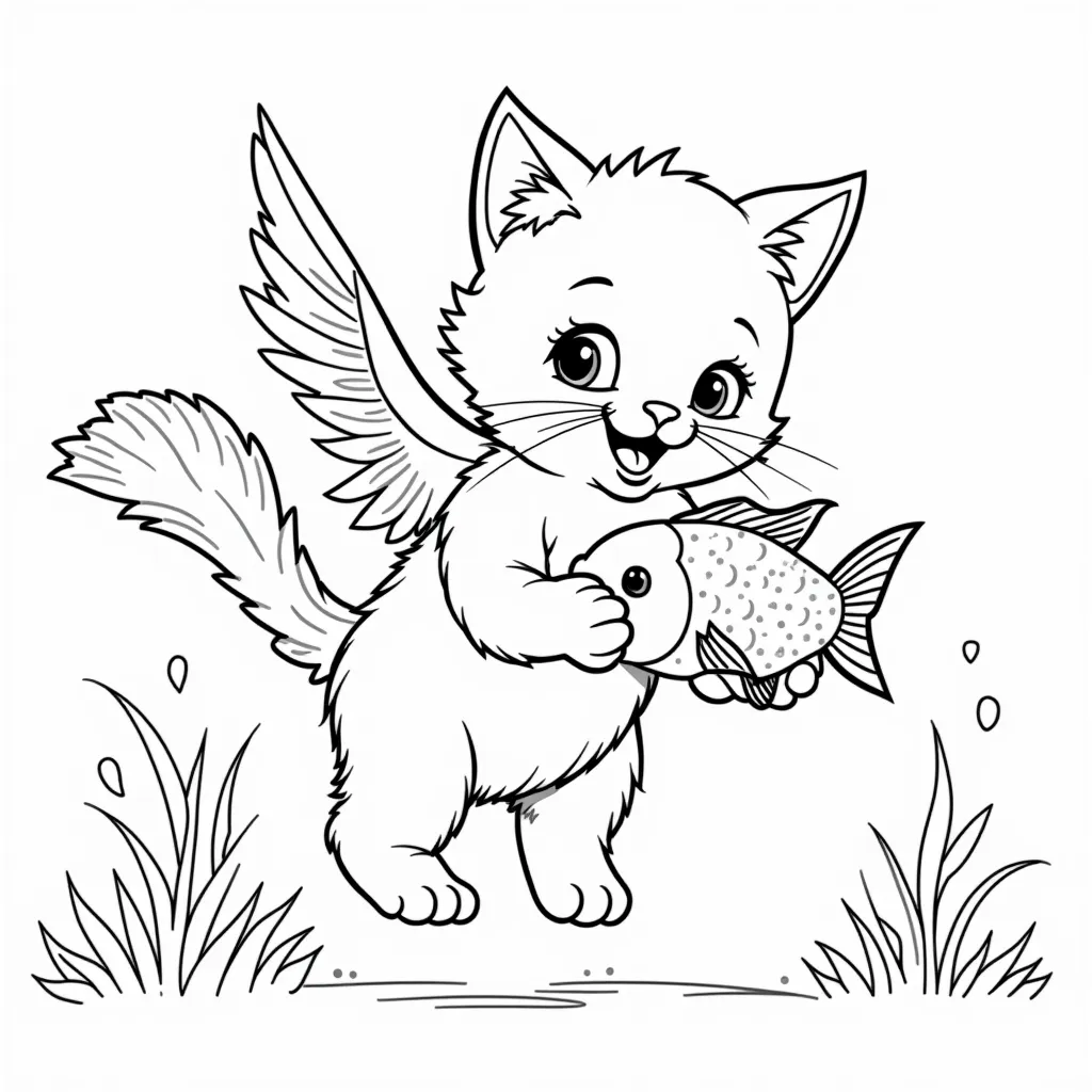 a flying little cat eating fish coloring pages