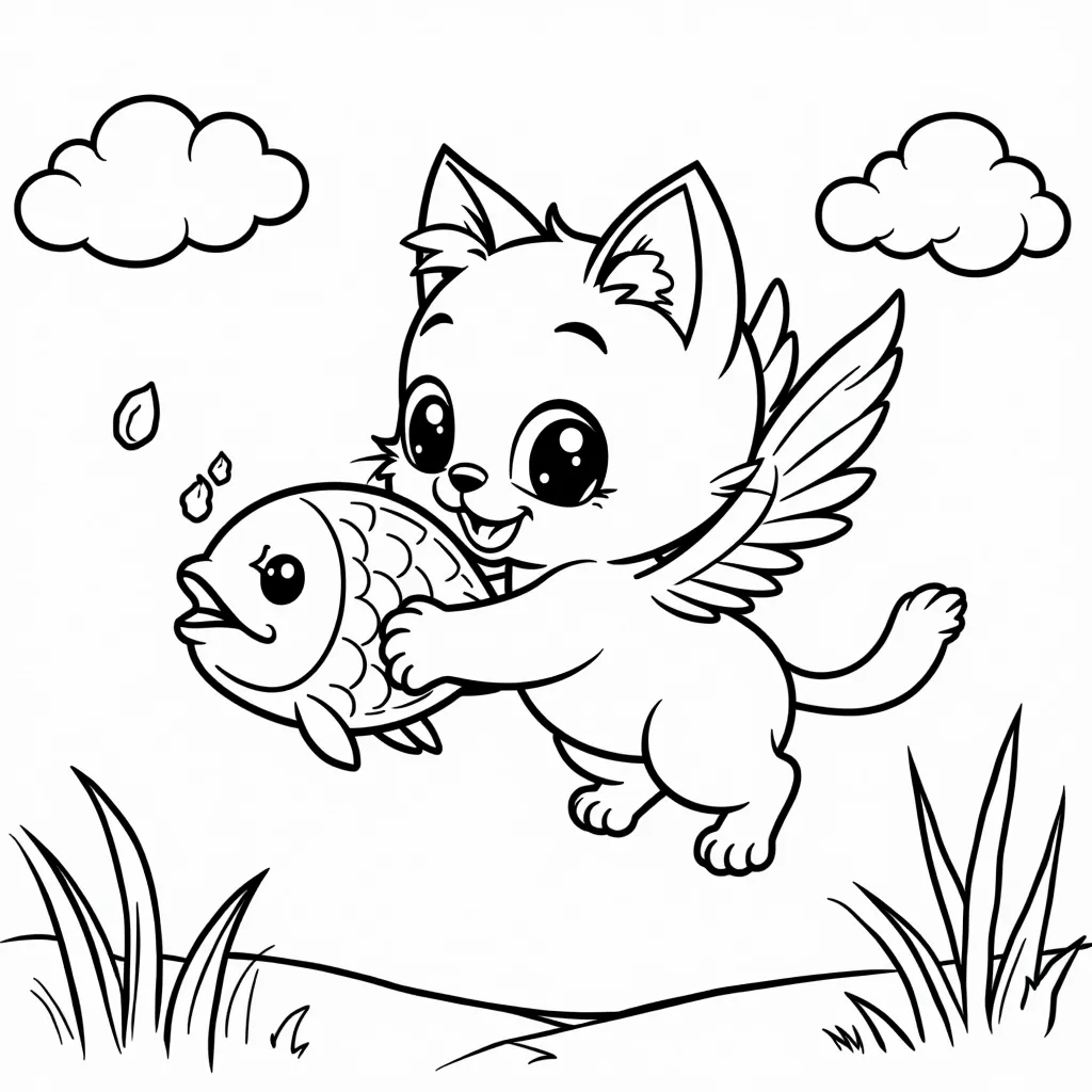 a flying little cat eating fish in sky coloring pages