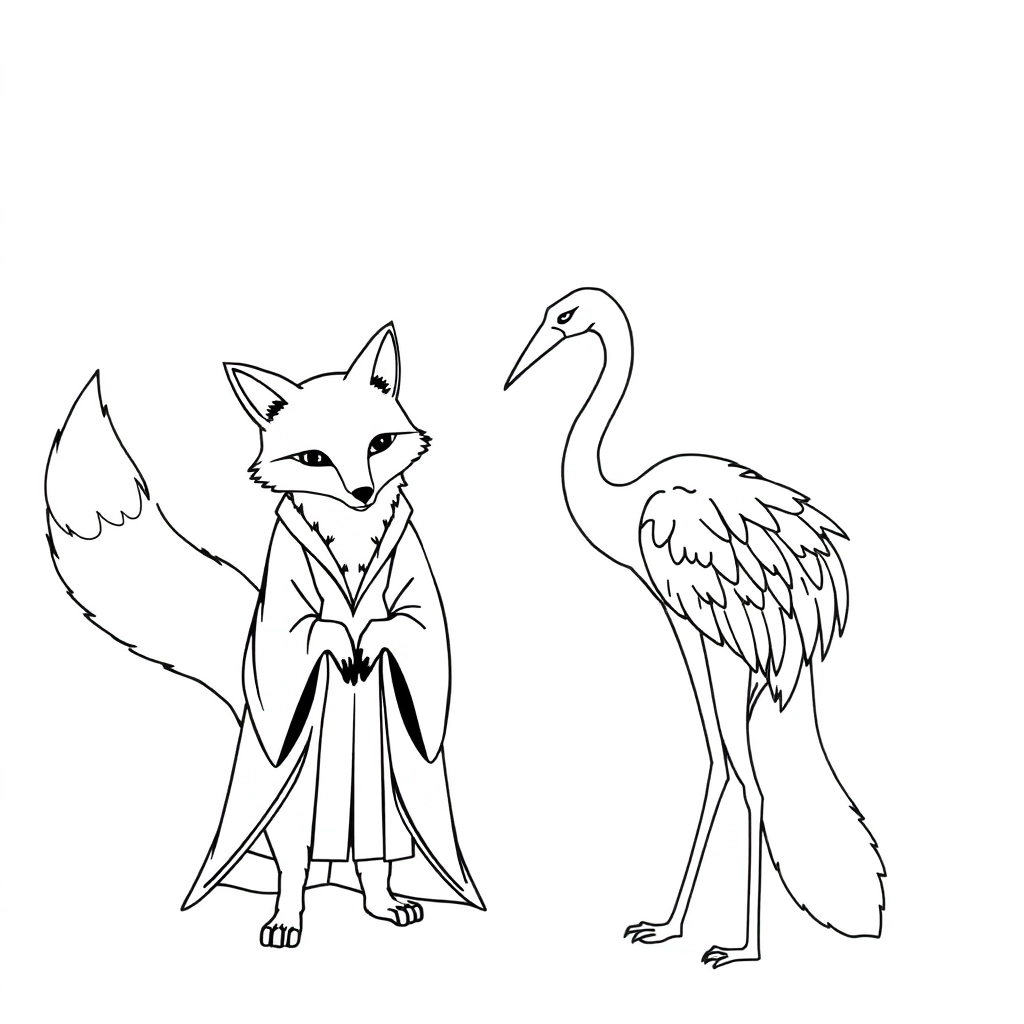 Line art Divine general 9 fox tails ornate robes with cranes Coloring book صفحات التلوين