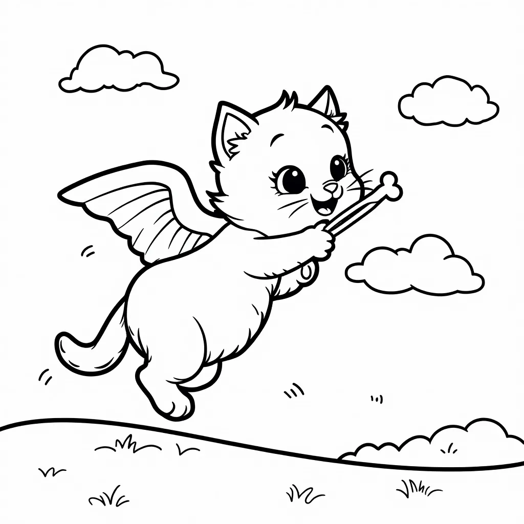 a flying little cat eating fish bone in sky coloring pages