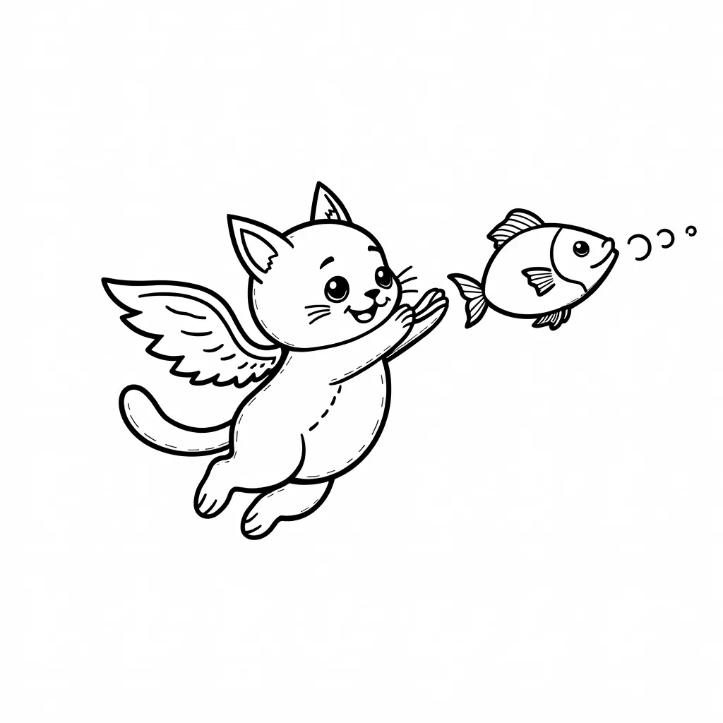 a flying little cat eating fish in sky while firing coloring pages