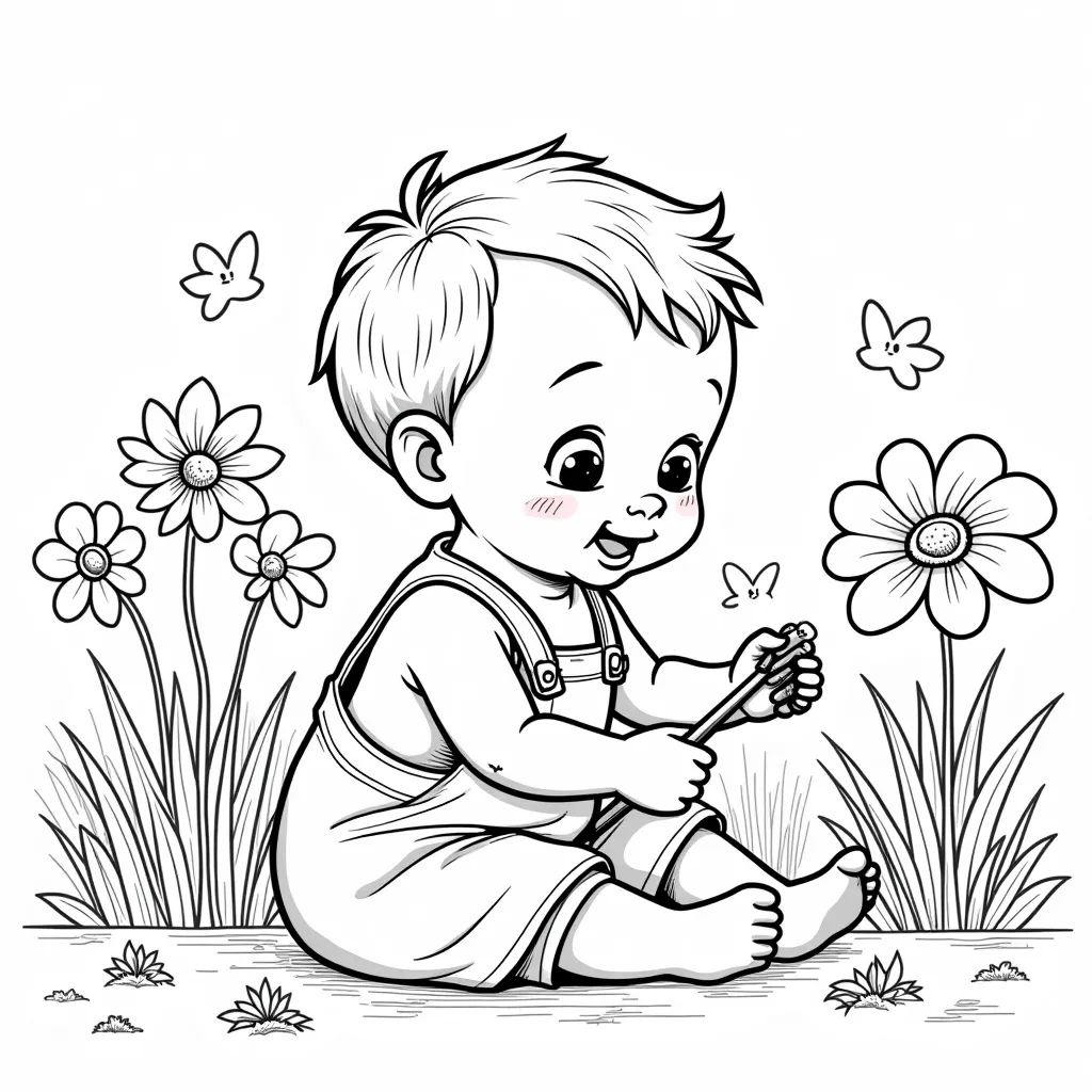 a baby is playing in the garden coloring pages