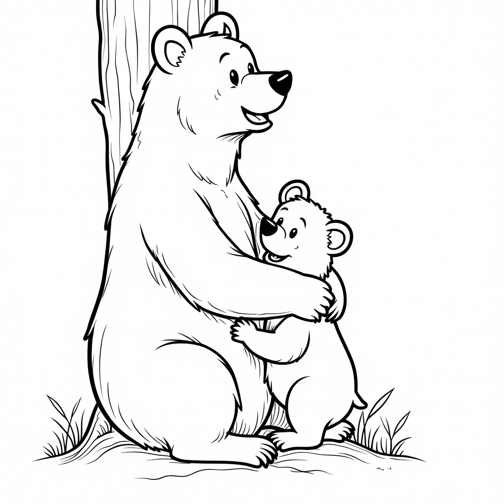 bear on tree with little son coloring pages