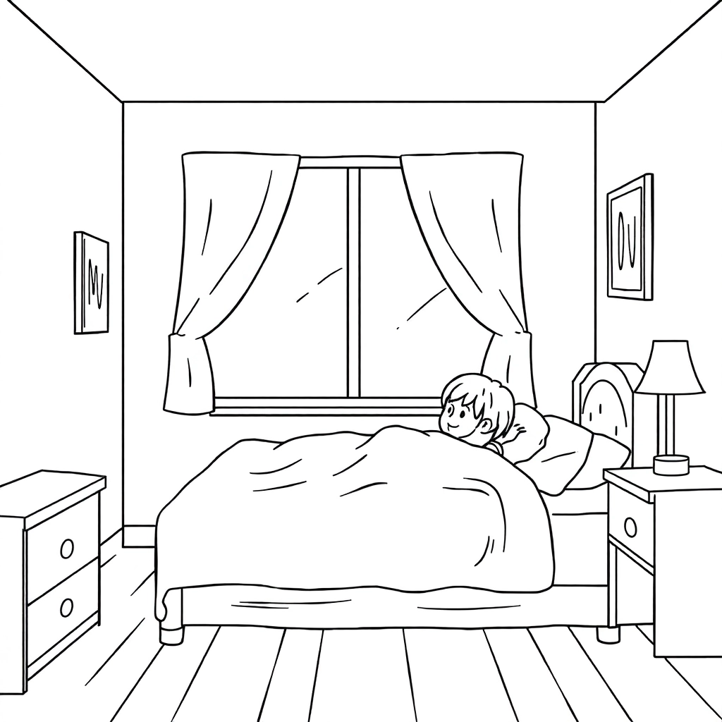 In a dimly lit room a person sits on the bed صفحات التلوين