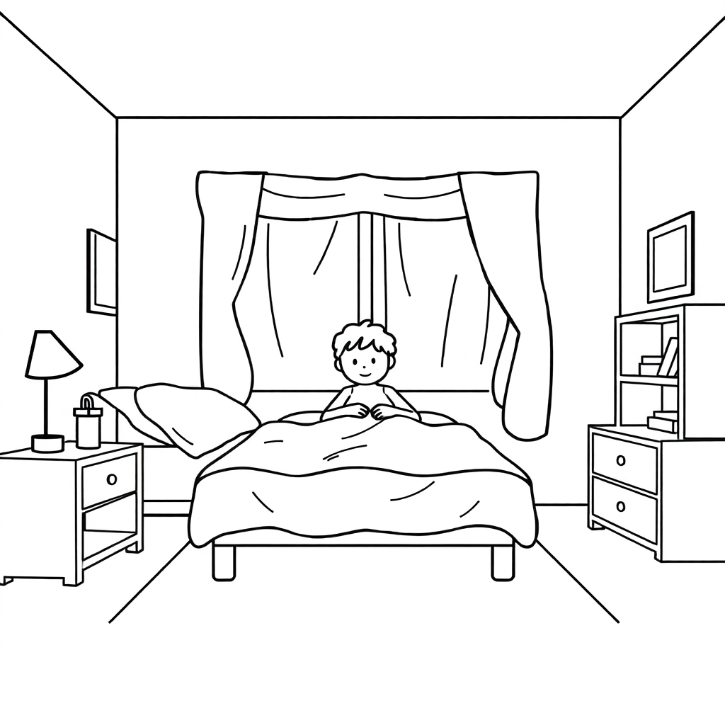In a dimly lit room a person sits on the bed صفحات التلوين