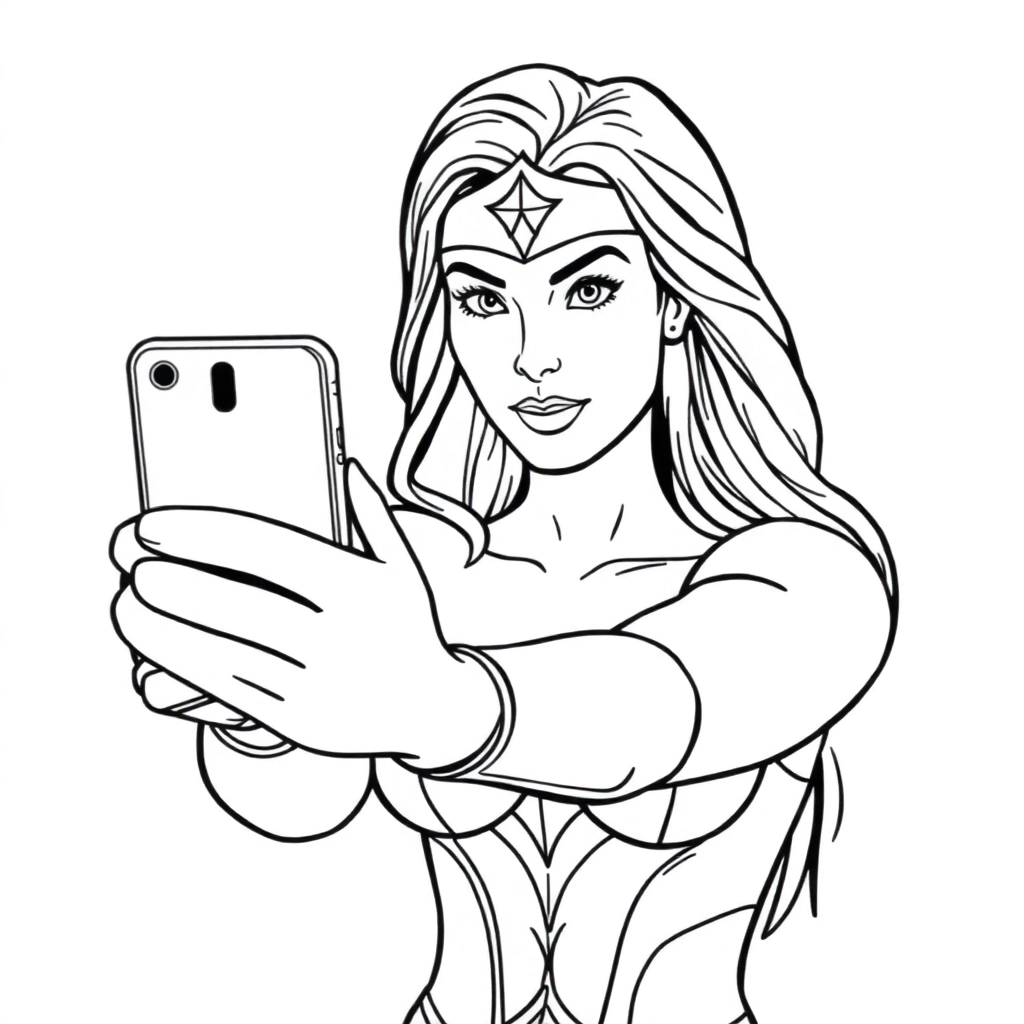Wonder Woman is taking a selfie with a camera صفحات التلوين