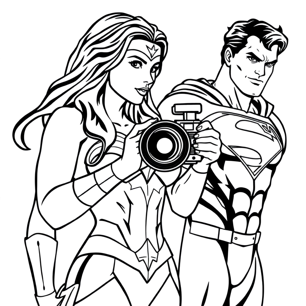 Wonder Woman is holding a camera to take pictures of Superman صفحات التلوين