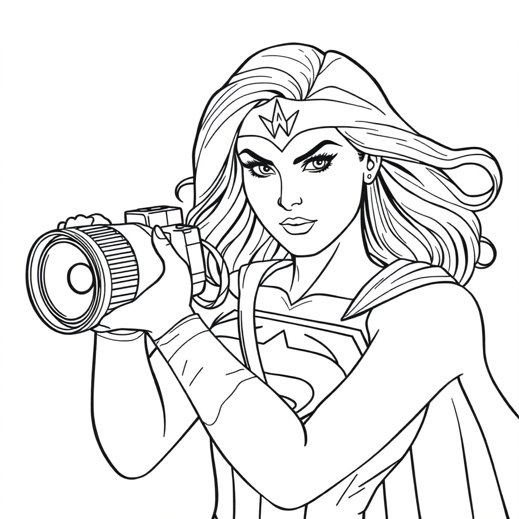 Wonder Woman is holding a camera to take pictures of Superman صفحات التلوين