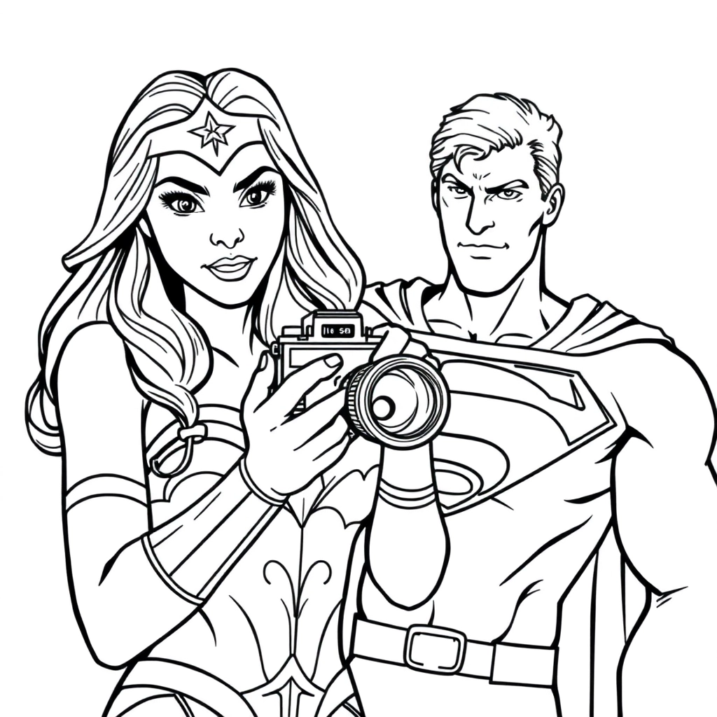Wonder Woman is holding a camera to take pictures of Superman صفحات التلوين