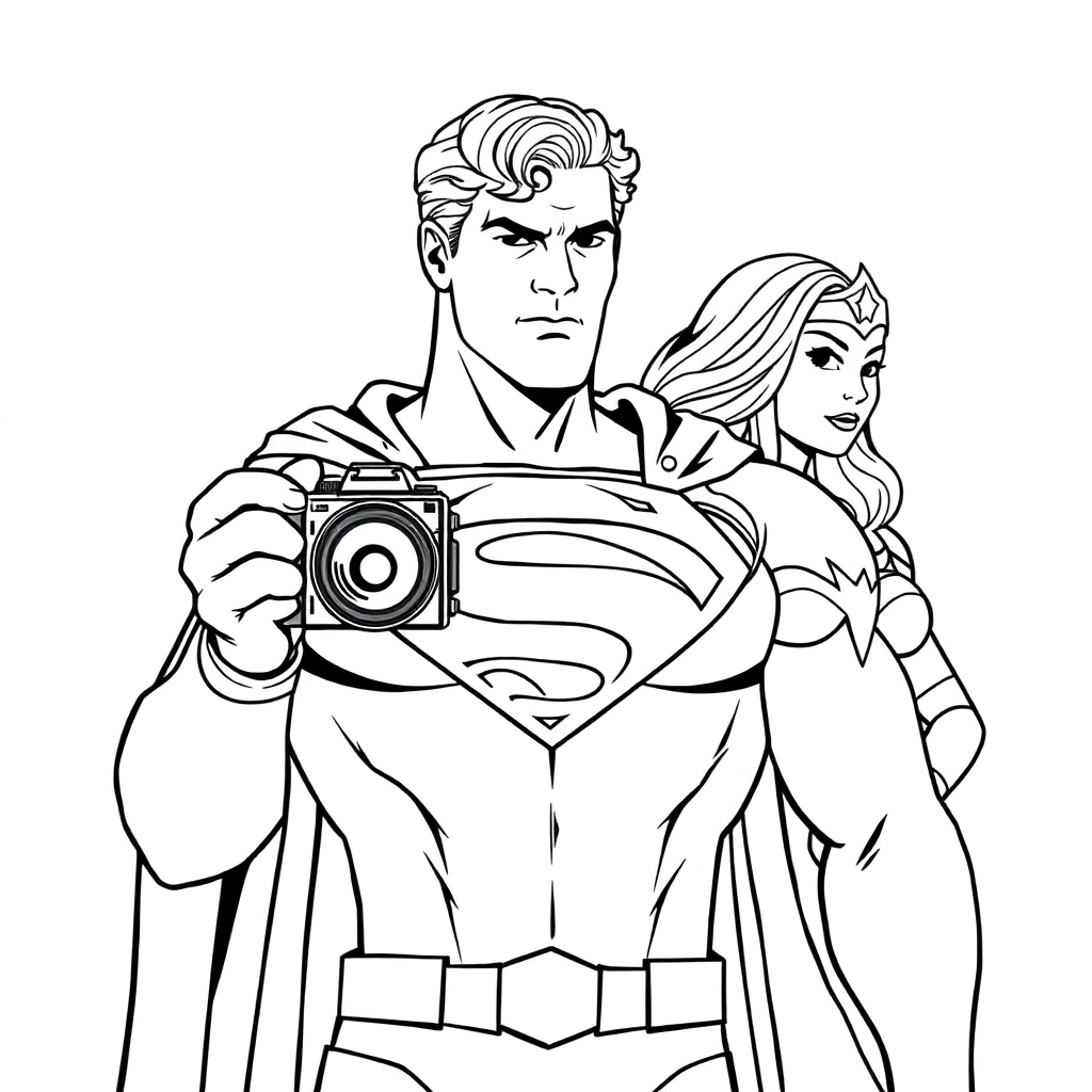 Superman is holding a camera to take pictures of Wonder Woman صفحات التلوين