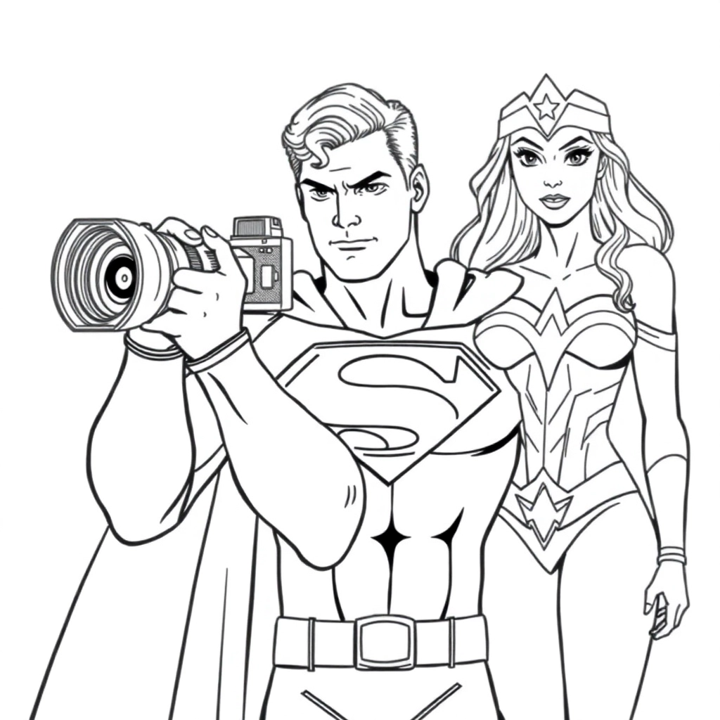 Superman is holding a camera to take pictures of Wonder Woman صفحات التلوين