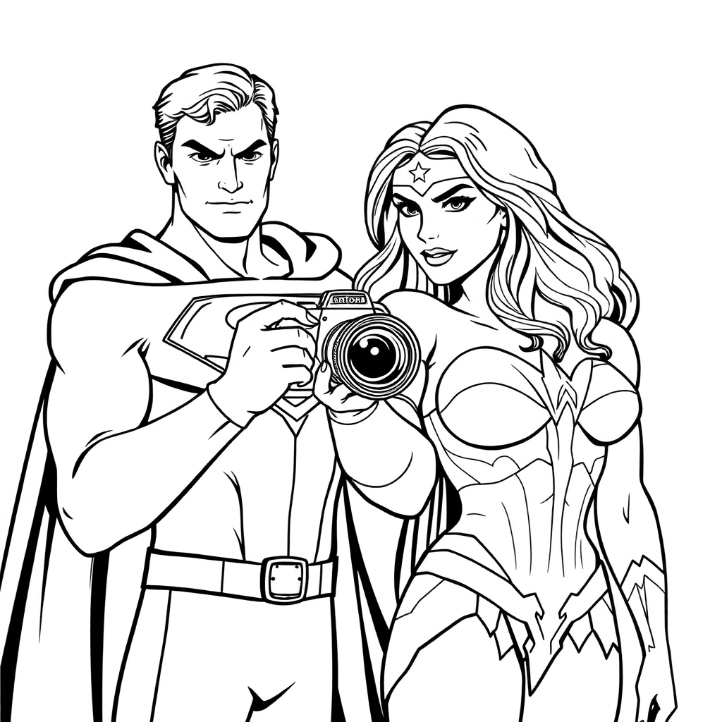 Superman is holding a camera to take pictures of Wonder Woman صفحات التلوين