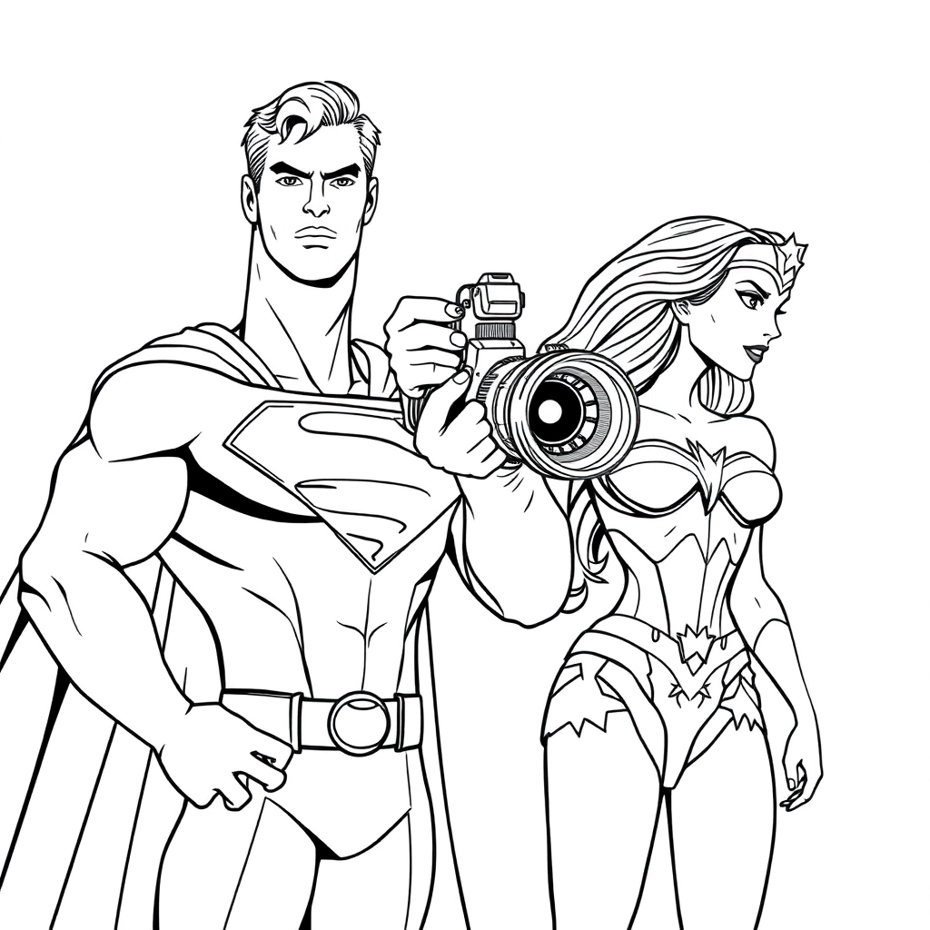 Superman is holding a camera to take pictures of Wonder Woman صفحات التلوين