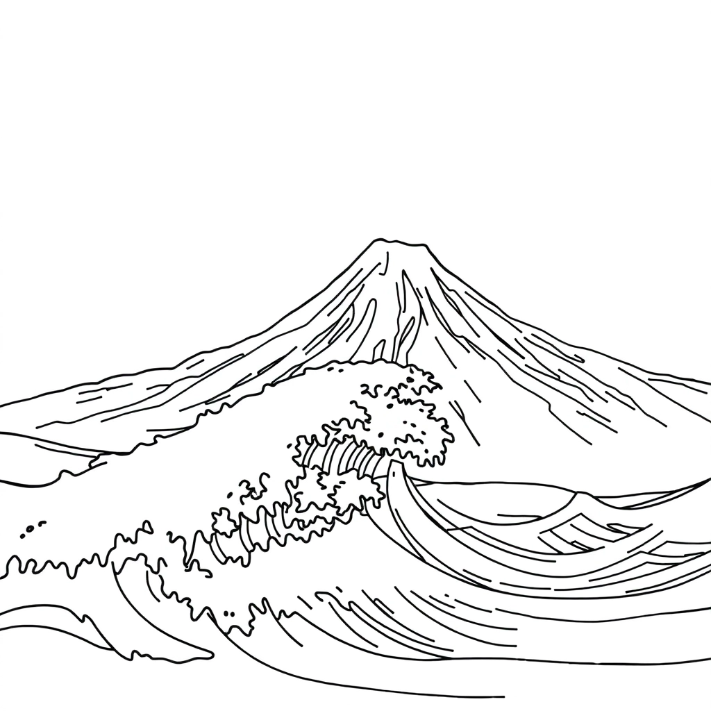 kanagawa waves with mt fuji in background no shading صفحات التلوين