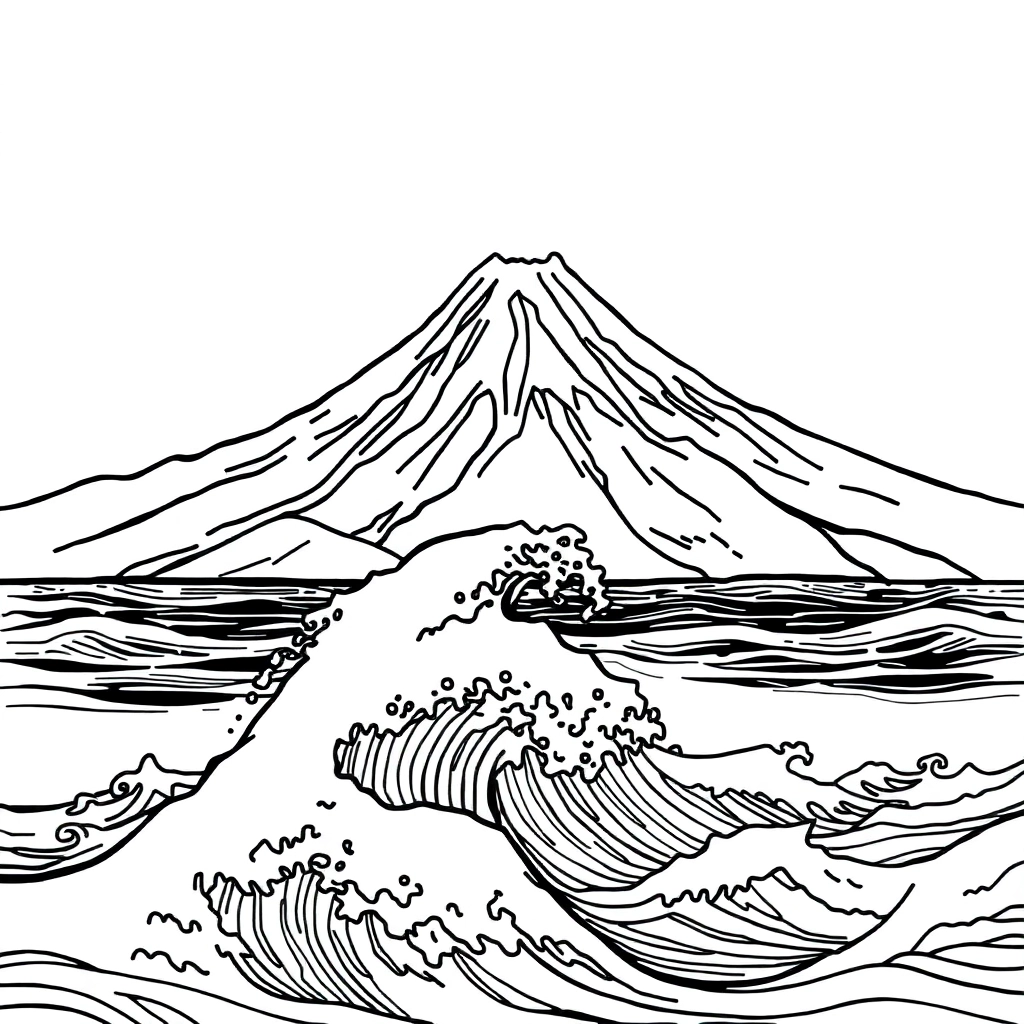 kanagawa waves with mt fuji in background no shading صفحات التلوين