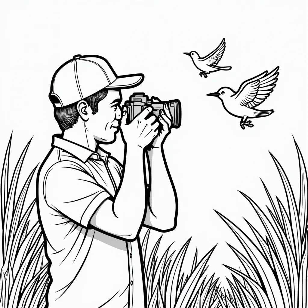 A man with a camera is photographing birds coloring pages