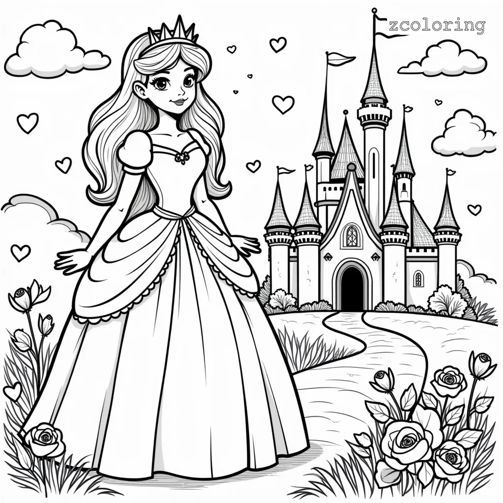 Princess Castle Coloring Pages A Smiling Princess With A Crown Stands