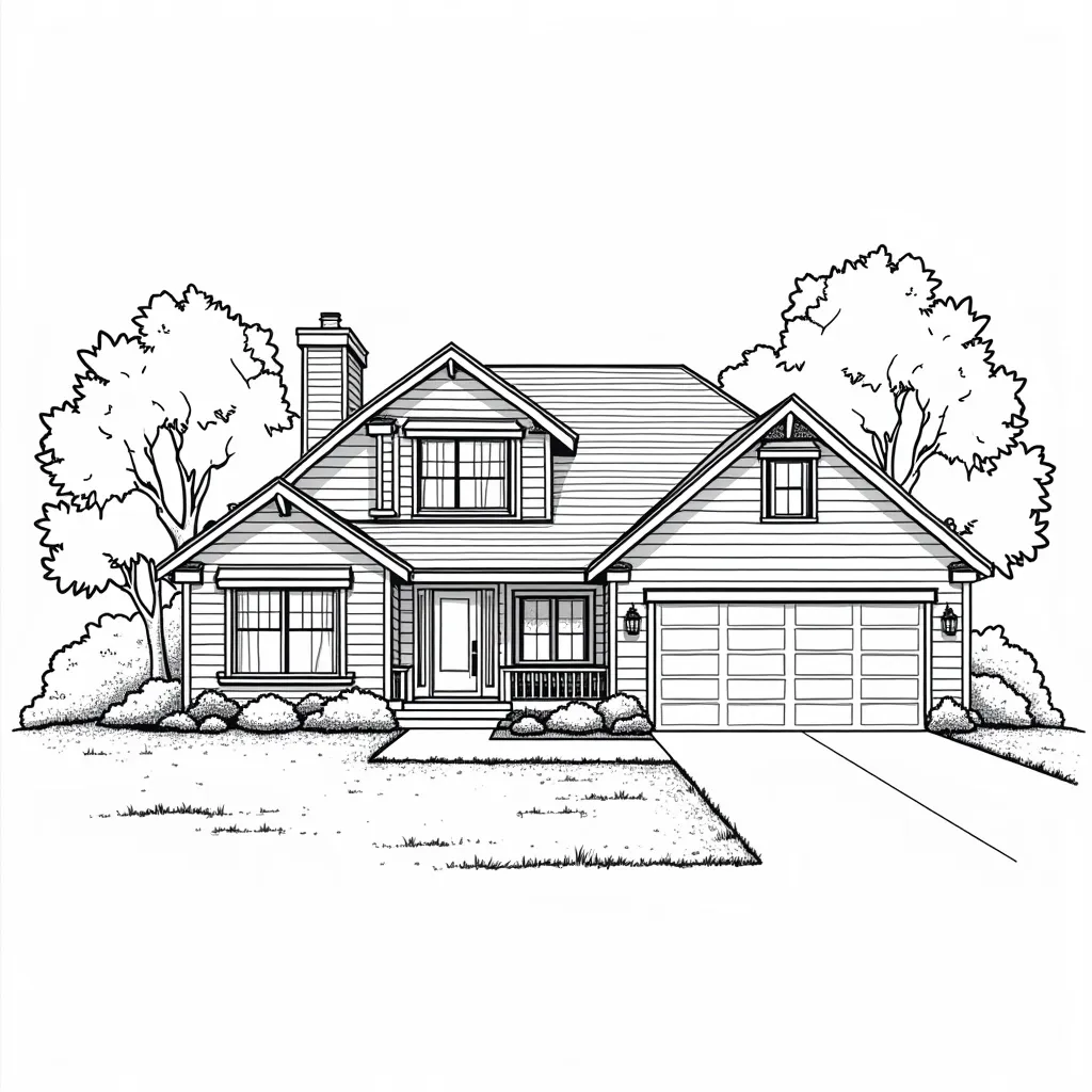 a hamptons style house double floor single garage with a tree in the front  coloring pages