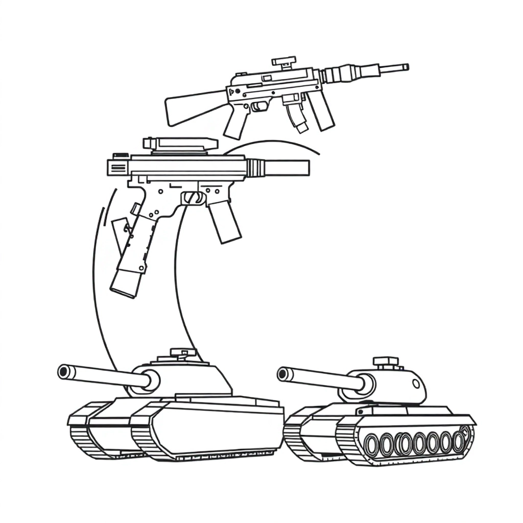 The letter C with a lot of guns and tanks صفحات التلوين
