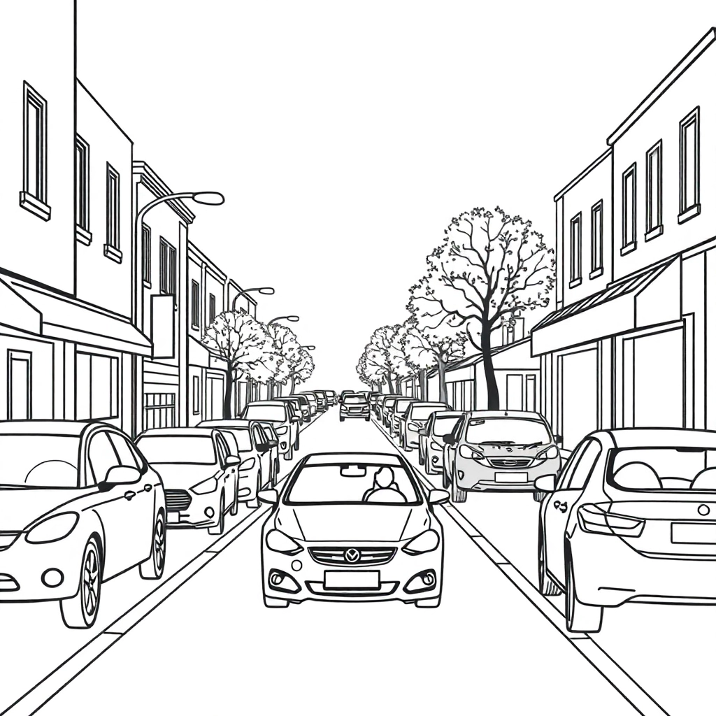 a street with some cars and some shops on each side صفحات التلوين