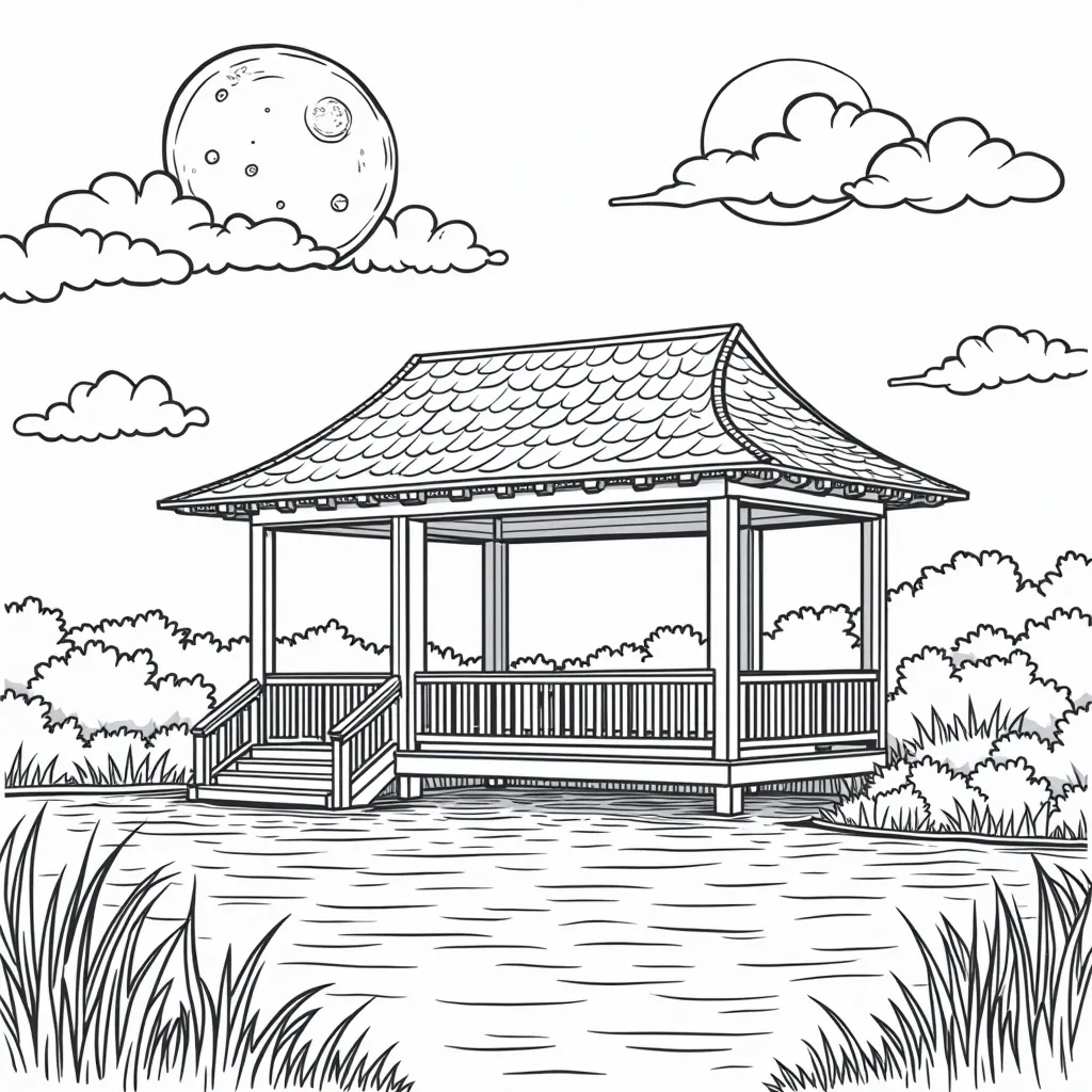 The pavilion near the water first receives the moonlight coloring pages