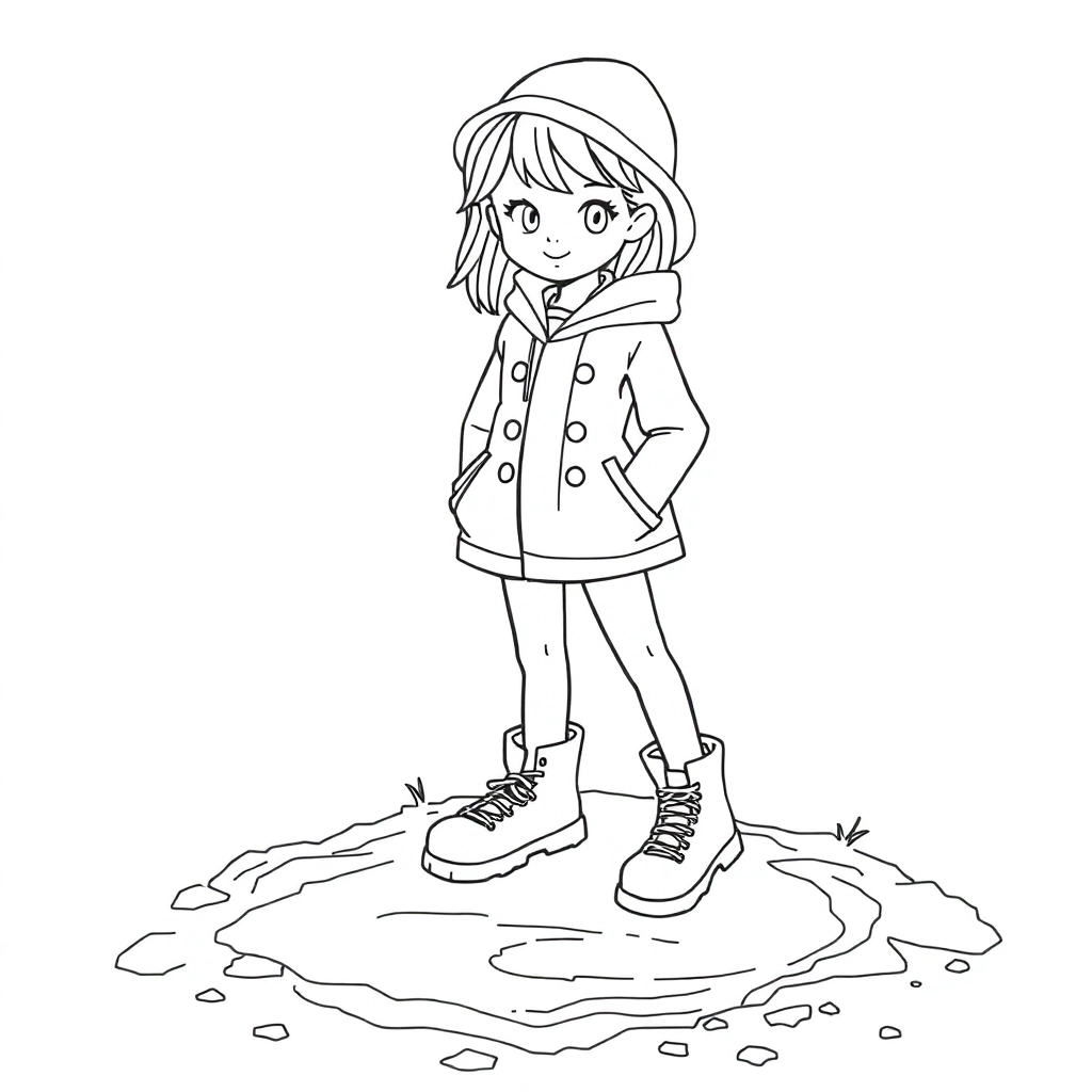 a japanese girl with cute lolita outfit white stockings and black mary jane shoes stepping into mud Páginas para Colorear
