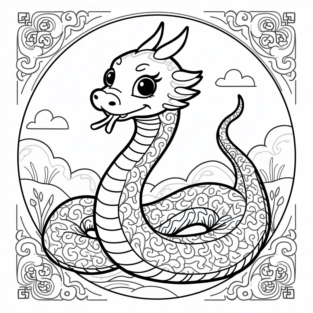 Cute chinese new year snake zodiac sign with some fancy chinese background coloring pages